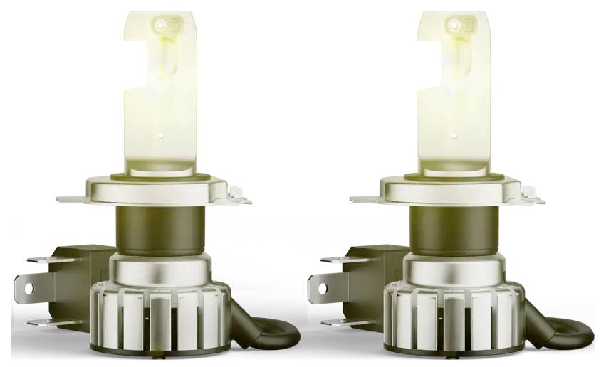 Two LED headlight bulbs with metallic bases and clear tops, positioned side by side on a white background.