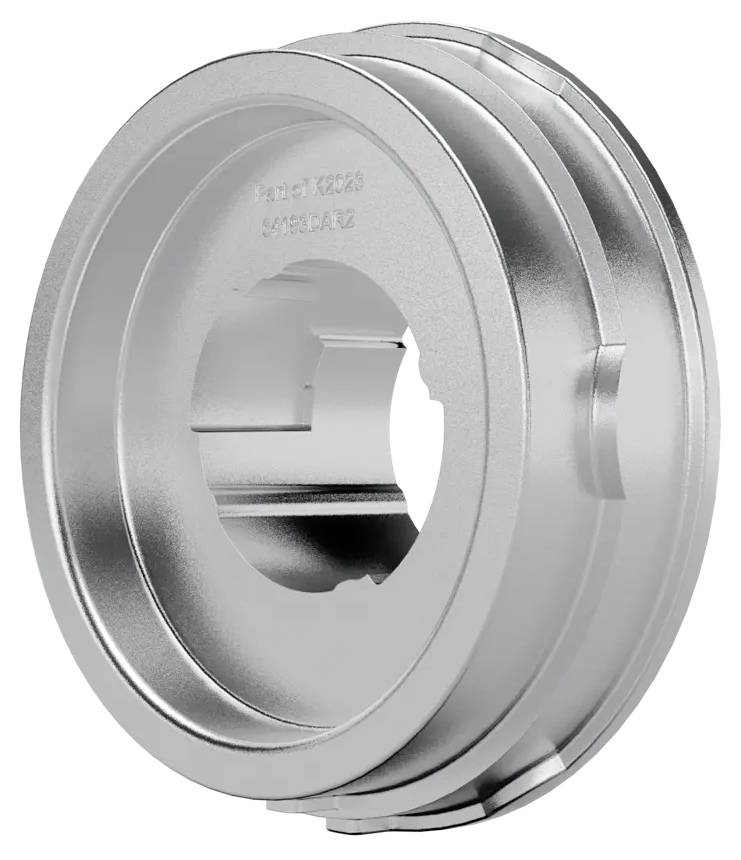 A silver metal gear with a circular shape and multiple grooves, possibly used in machinery or automotive applications.