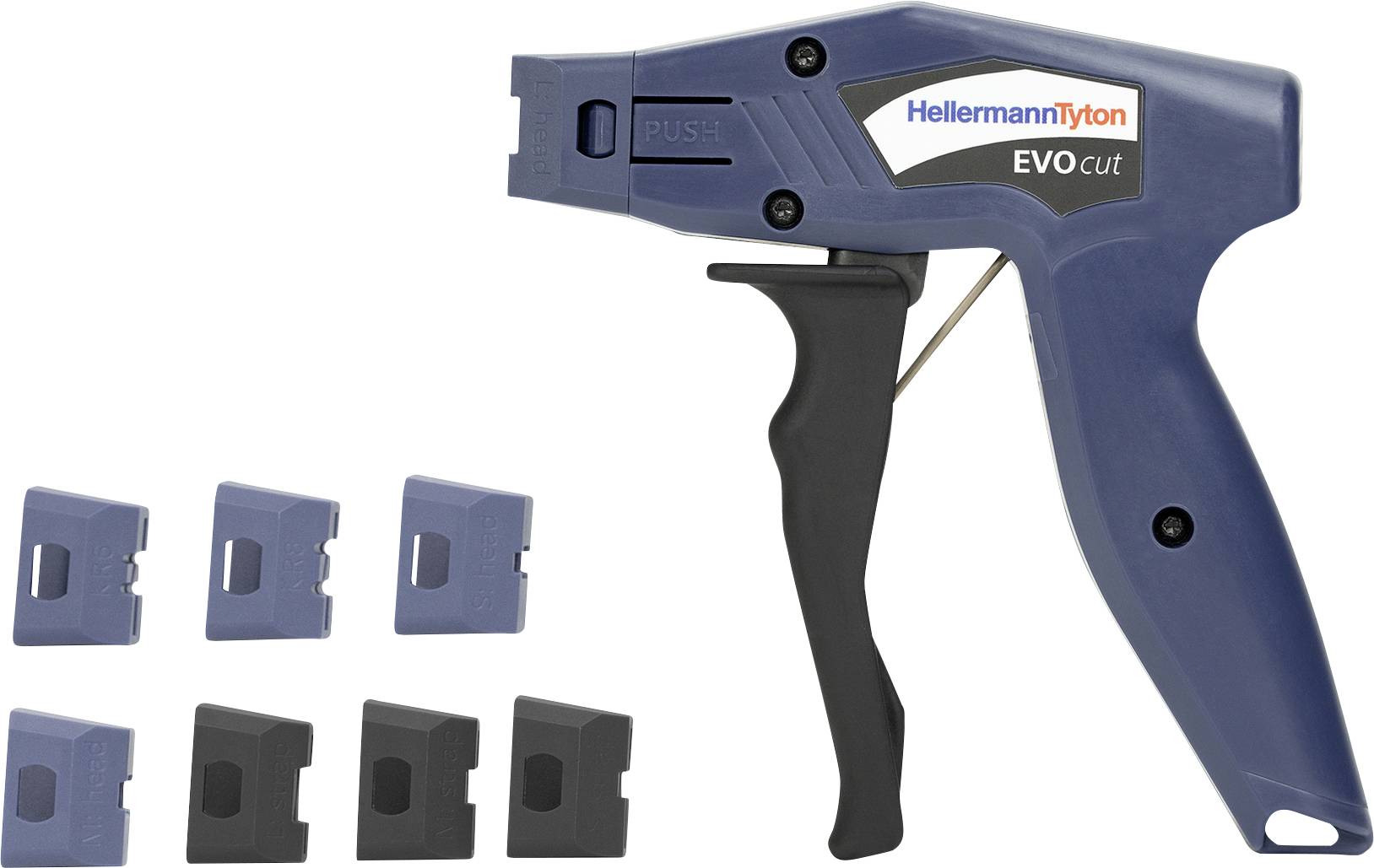 A blue cable tie cutter labeled 'HellermannTyton EVOcut', with six interchangeable metal blades beside it for cutting various tie sizes.