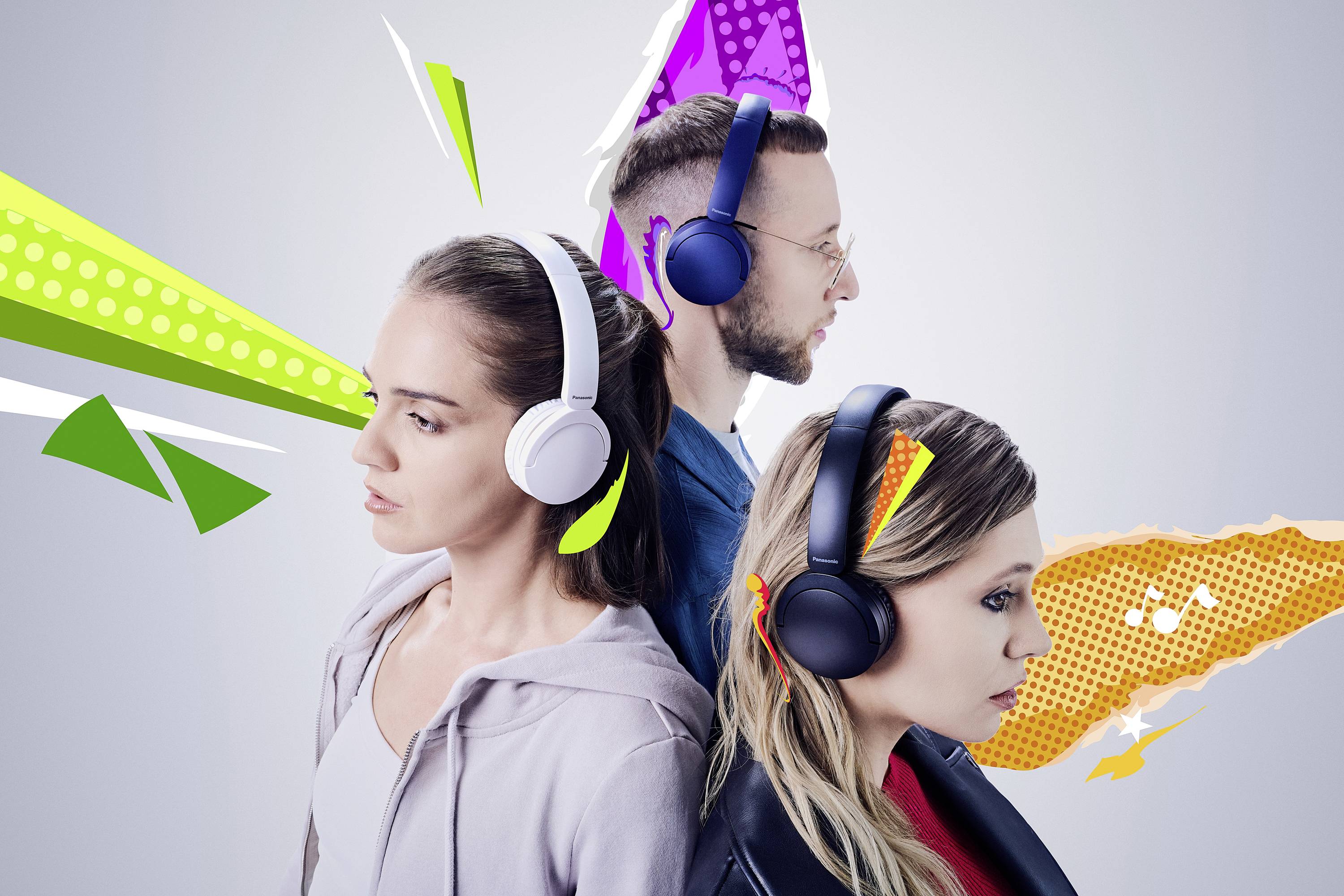 Three people wearing headphones with colorful geometric shapes emanating from the earpieces, suggesting music or sound energy.