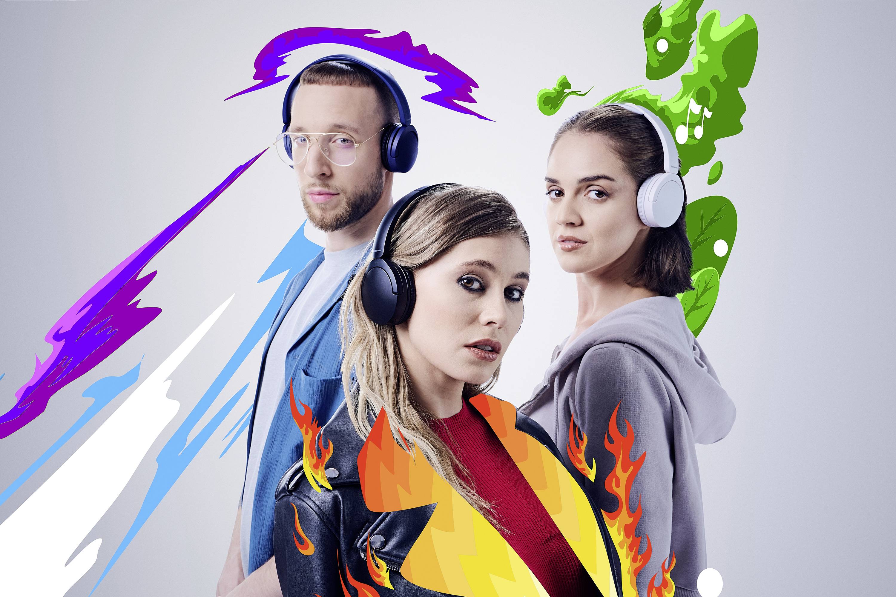 Three people wearing headphones surrounded by colorful abstract graphics, suggesting music and energy. Each graphic has a unique theme.