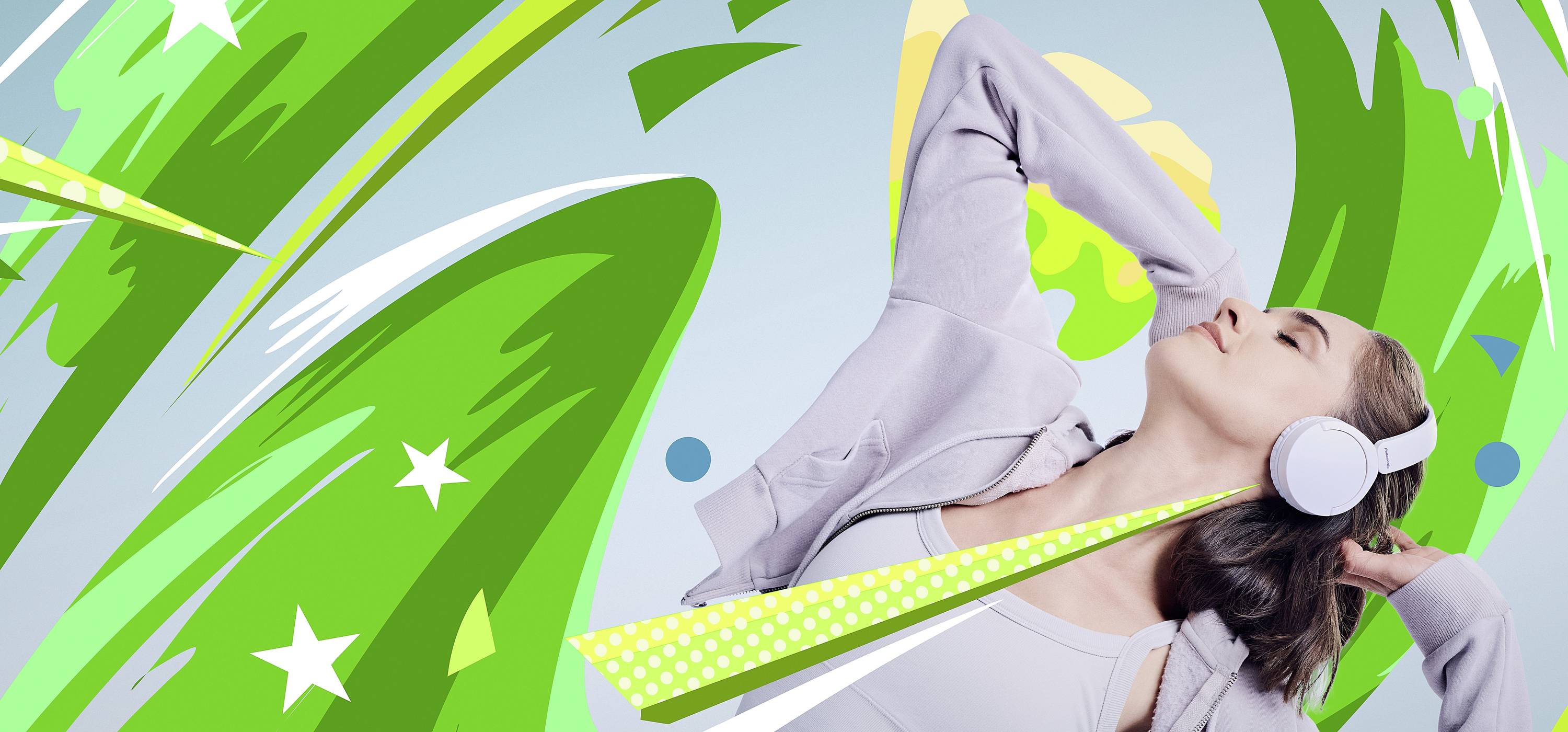 A person wearing headphones enjoys music with eyes closed, surrounded by vibrant green and yellow abstract shapes conveying energy and movement.