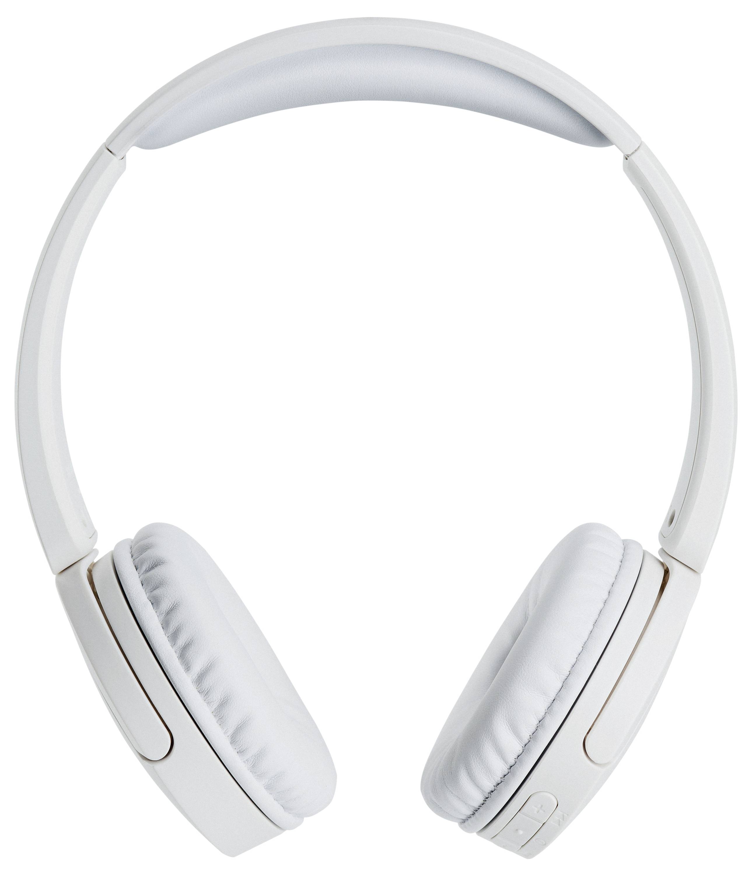 White over-ear headphones with a padded headband and cushioned ear cups, featuring volume and power buttons on the side.