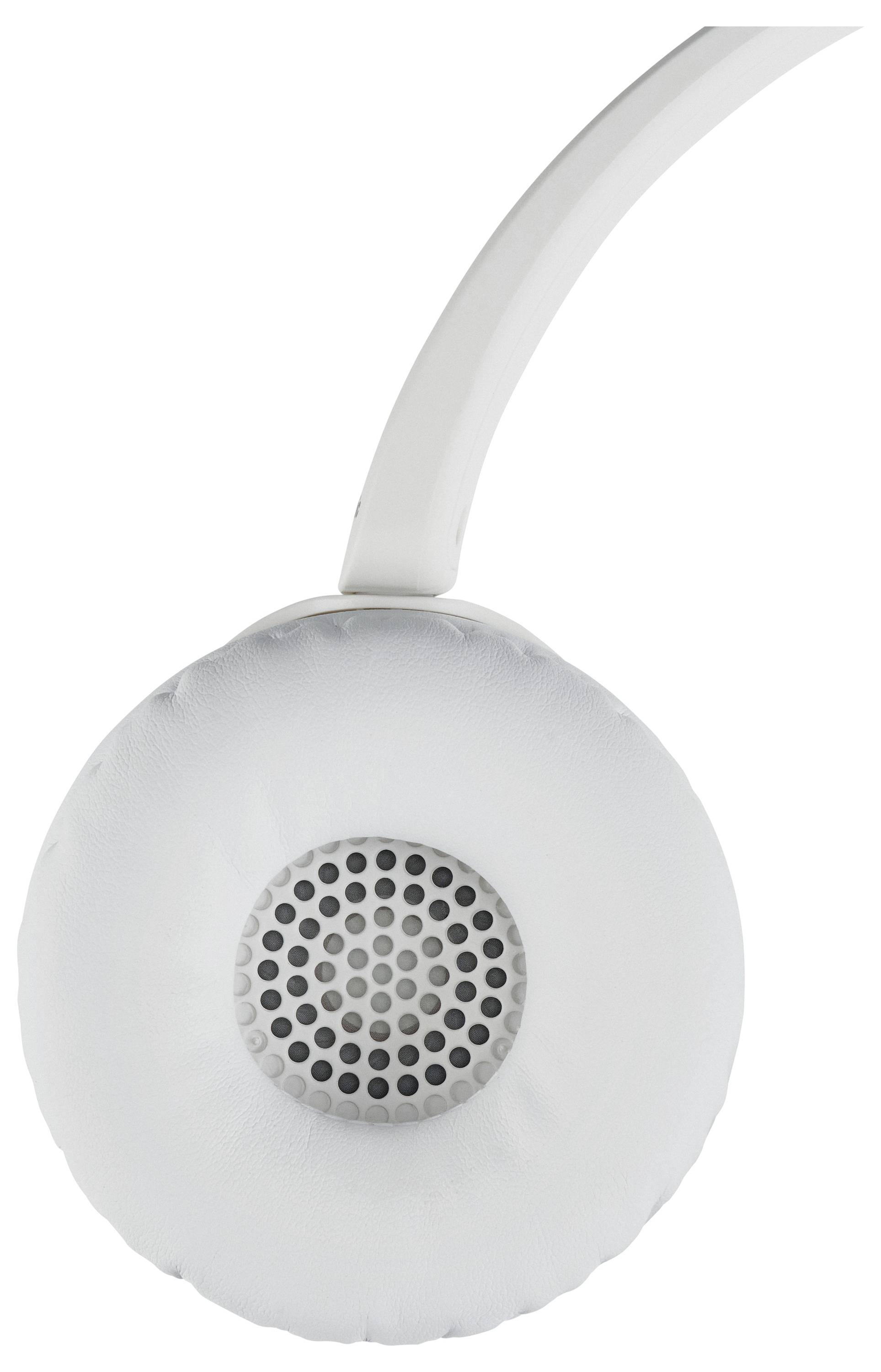 A close-up view of a single, white over-ear headphone pad, highlighting its circular shape, perforated speaker grille, and curved headband.