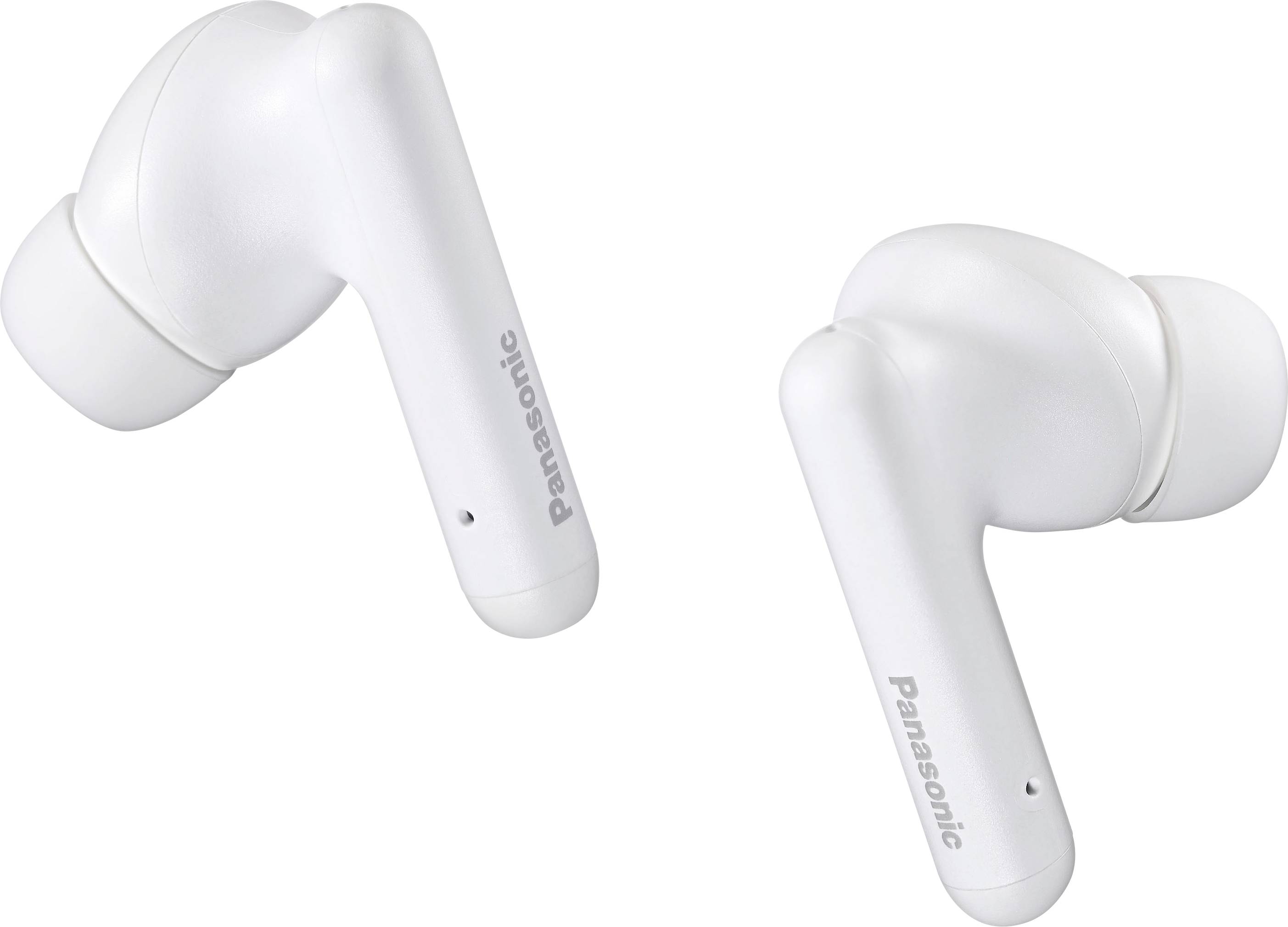 White wireless earbuds with the brand name written on the side, showcasing a sleek design.