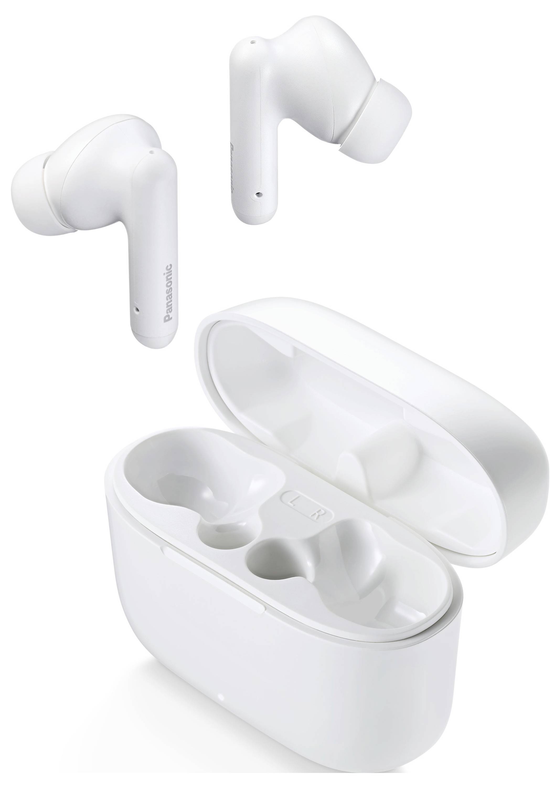 Wireless earbuds shown with an open charging case. The earbuds are white, featuring a sleek and compact design.