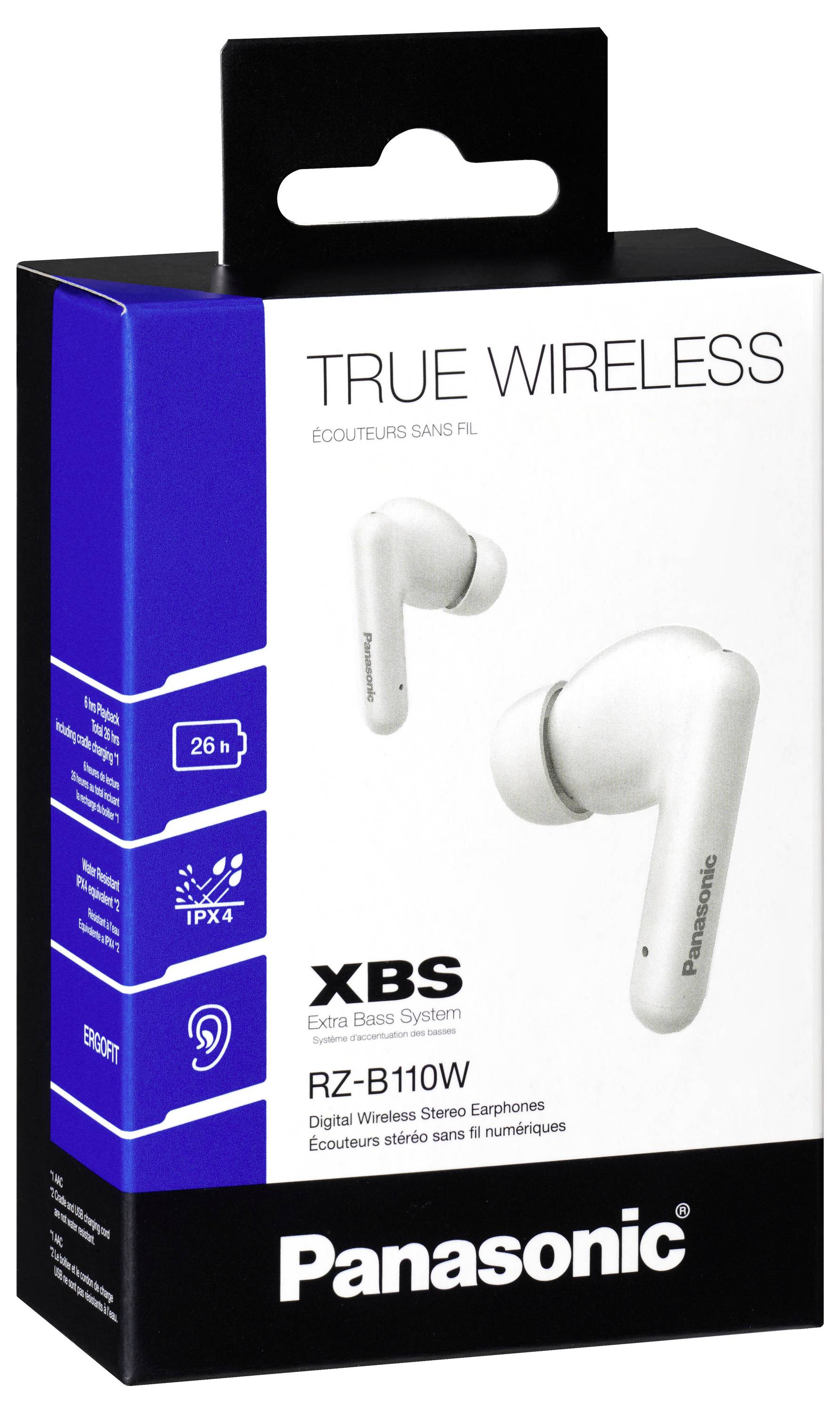 Panasonic RZ-B110W True Wireless Earphones packaging, featuring white earbuds, '26 h' battery life, 'IPX4' water resistance, extra bass system.