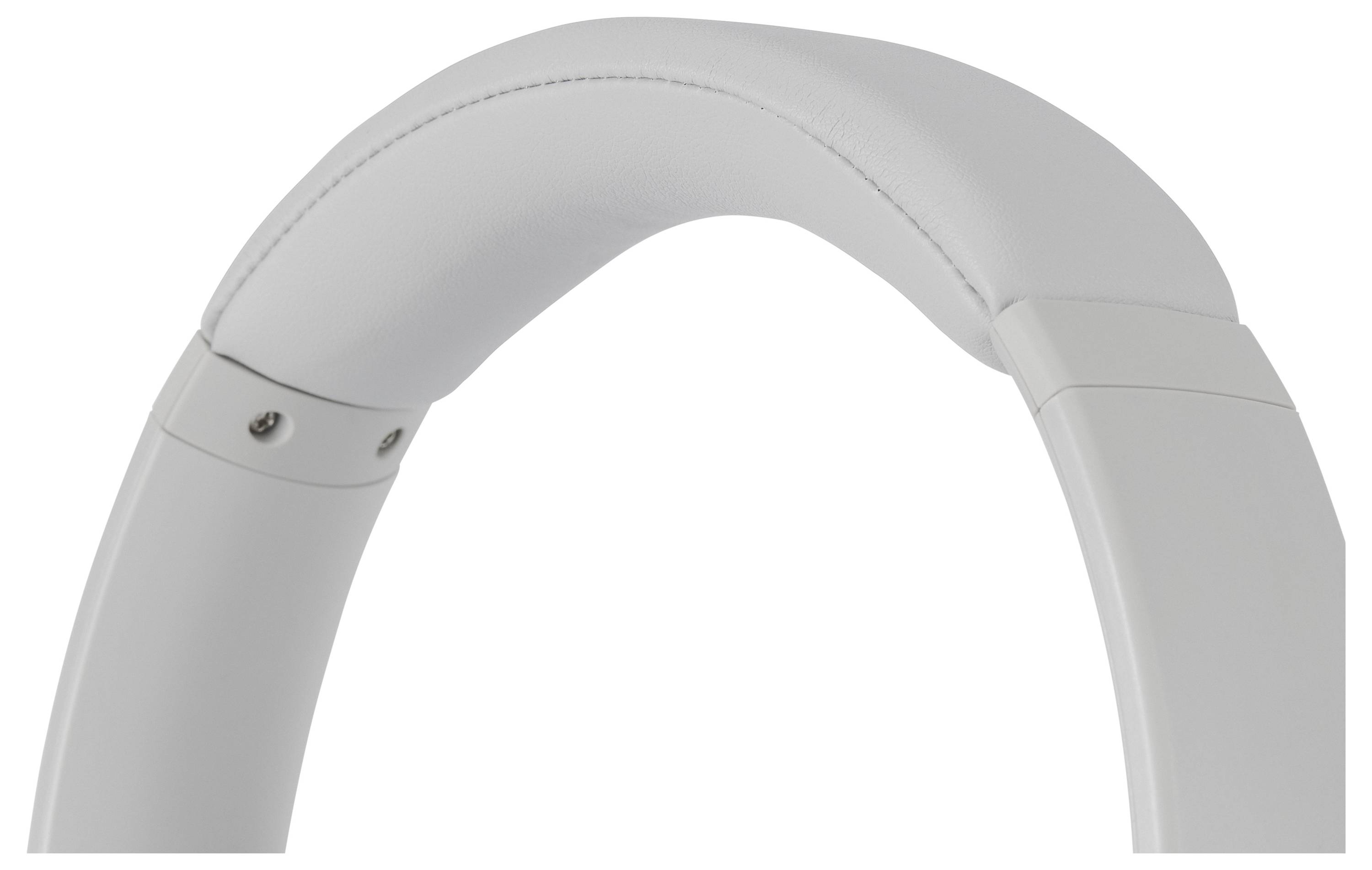 Overhead view of the cushioned white headband from a pair of headphones, showcasing the stitching and metal screws on the hinge.