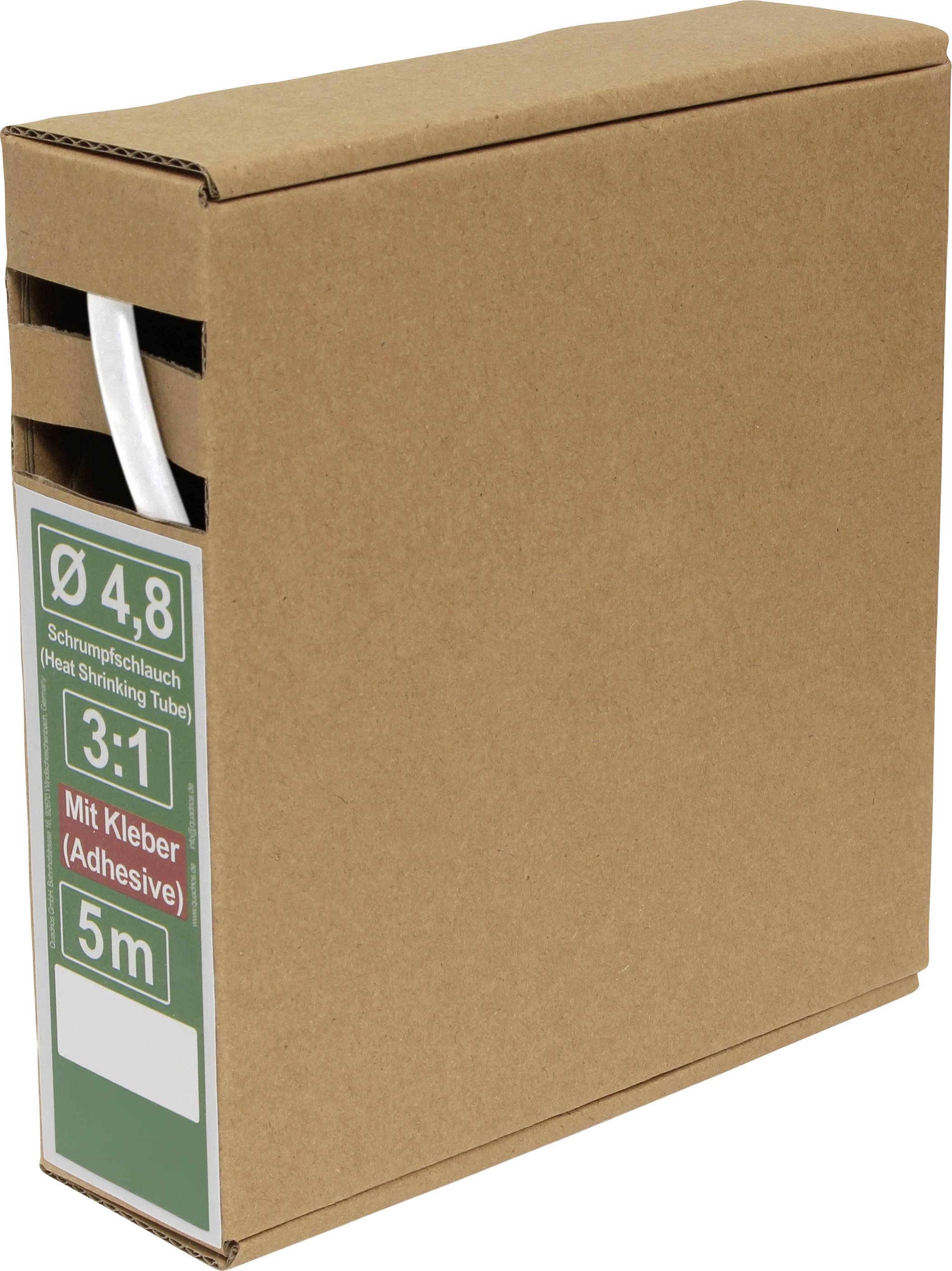 A cardboard box containing a heat shrinking tube with adhesive, labeled 'Ø 4.8' and '3:1', length '5m'.