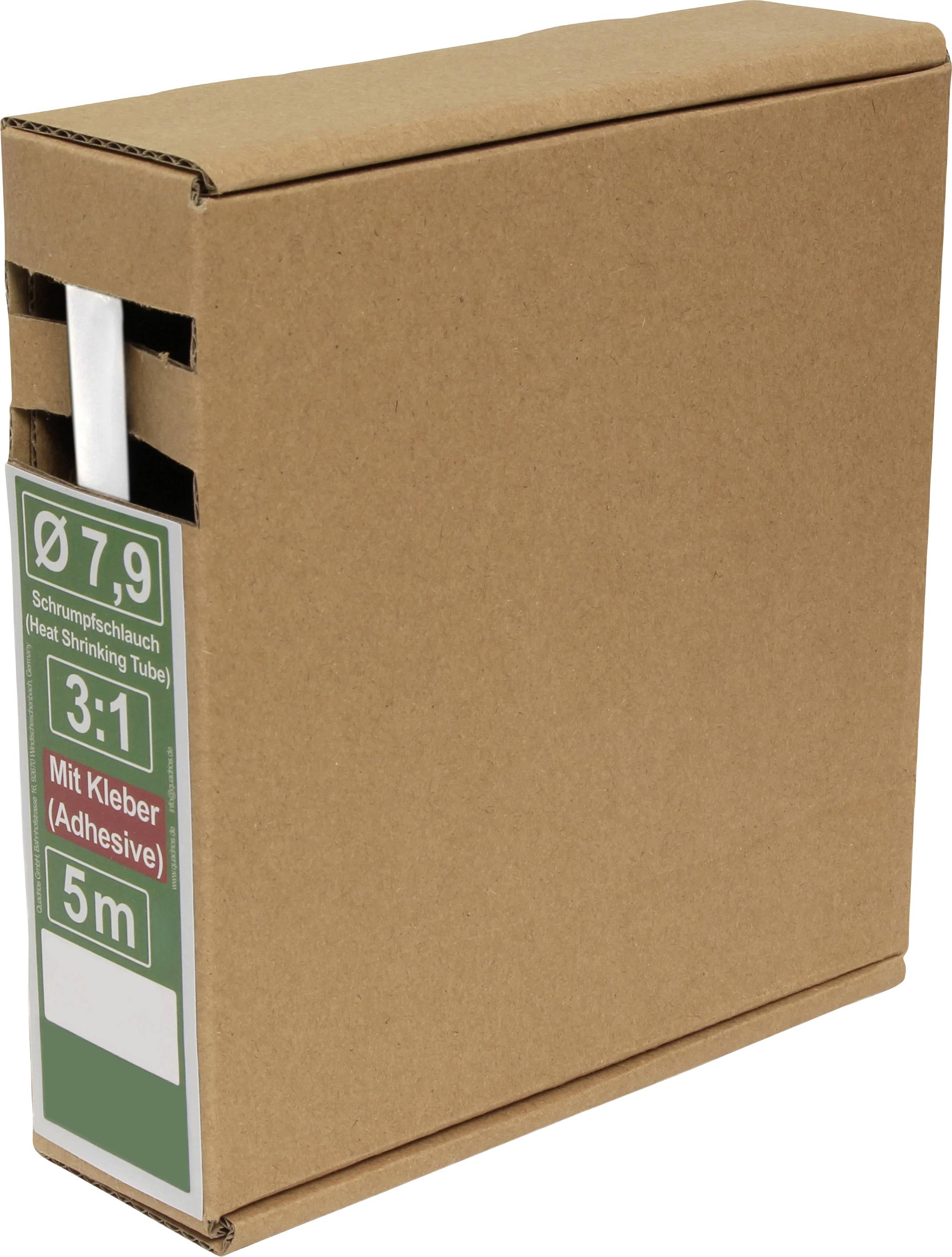 A cardboard box labeled 'Ø 7.9 Shrinking Tube, 3:1 With Adhesive, 5m'. The product is packaged for industrial use.