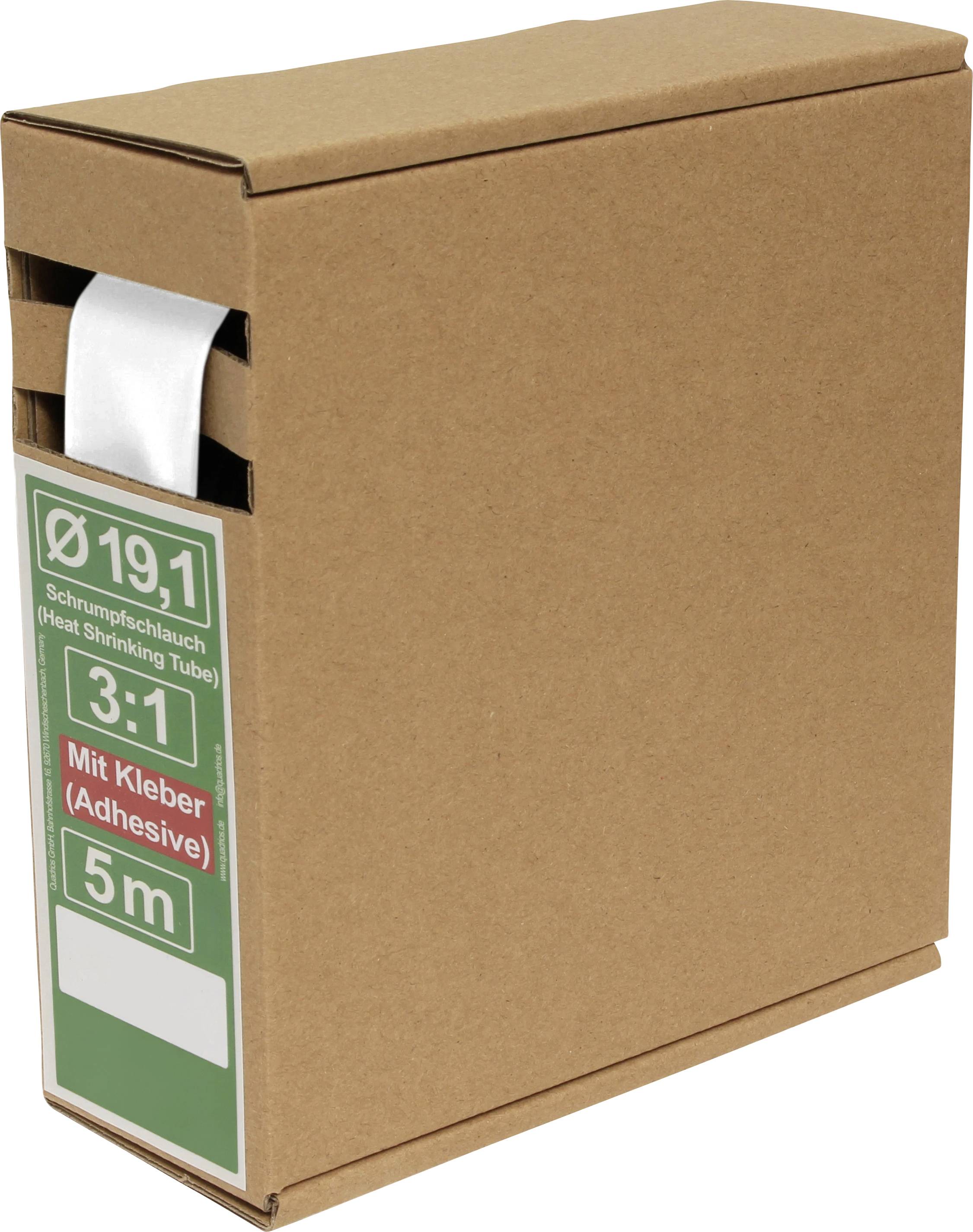 A brown cardboard box contains a roll labeled 'Ø 19.1 Heat Shrinking Tube 3:1 Mit Kleber (Adhesive), 5m' with a green color scheme.
