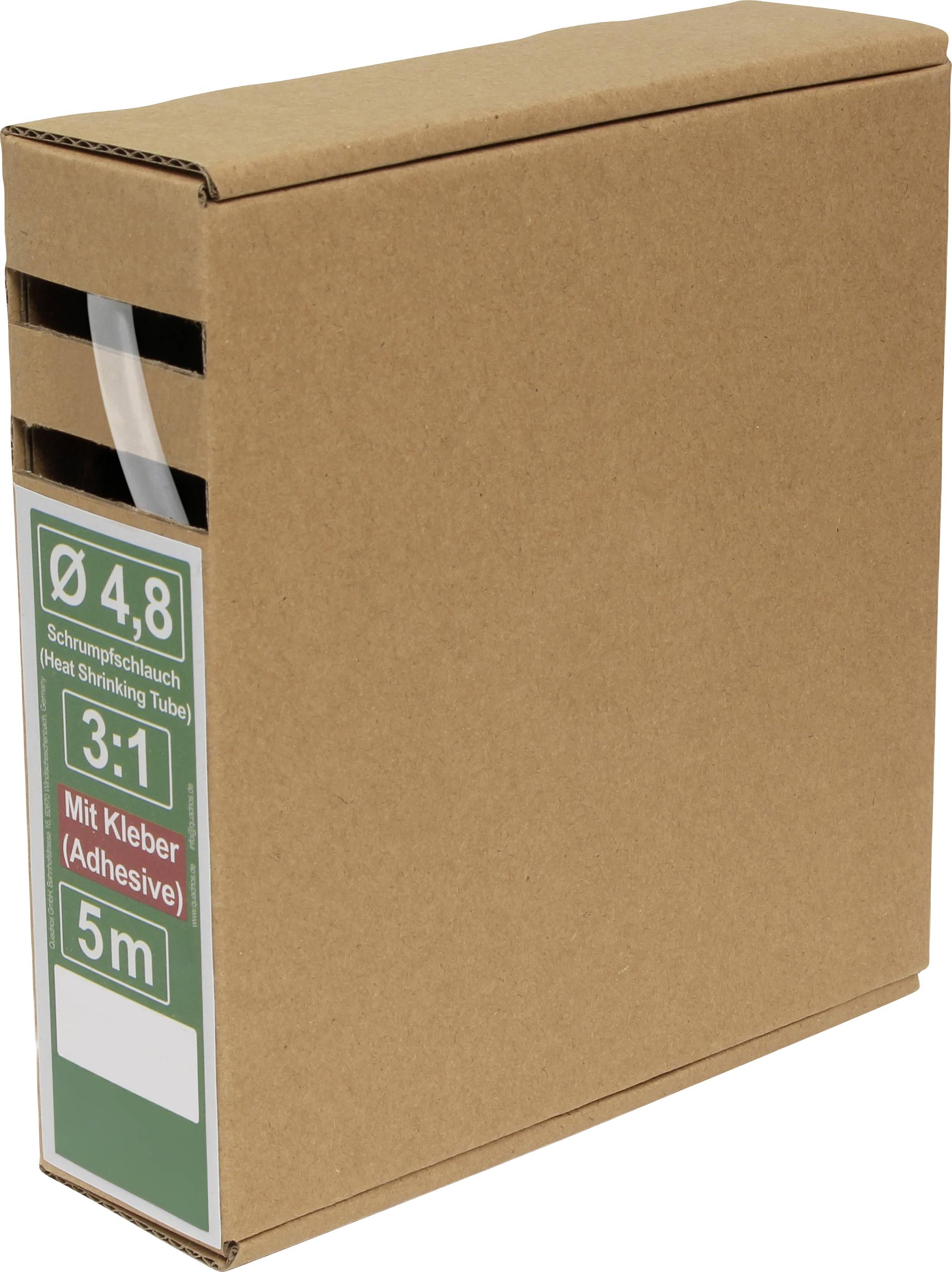 A cardboard box labeled with 'Ø 4.8', 'Schrumpfschlauch (Heat Shrinking Tube)', '3:1 Mit Kleber (Adhesive)', and '5m'.