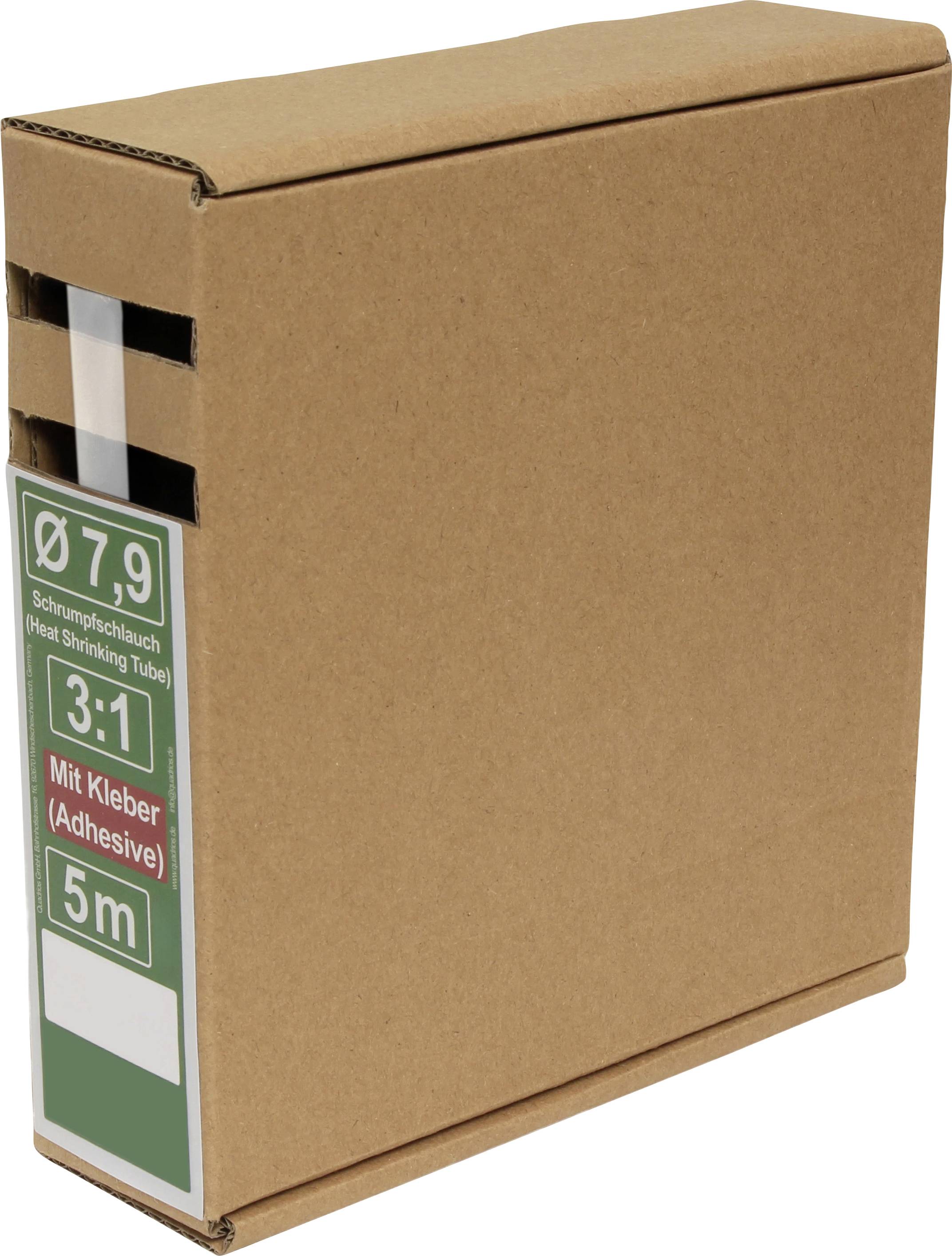 A cardboard box containing a heat shrinking tube, labeled 'Ø 7.9', '3:1', 'Mit Kleber (Adhesive)', and '5m'.