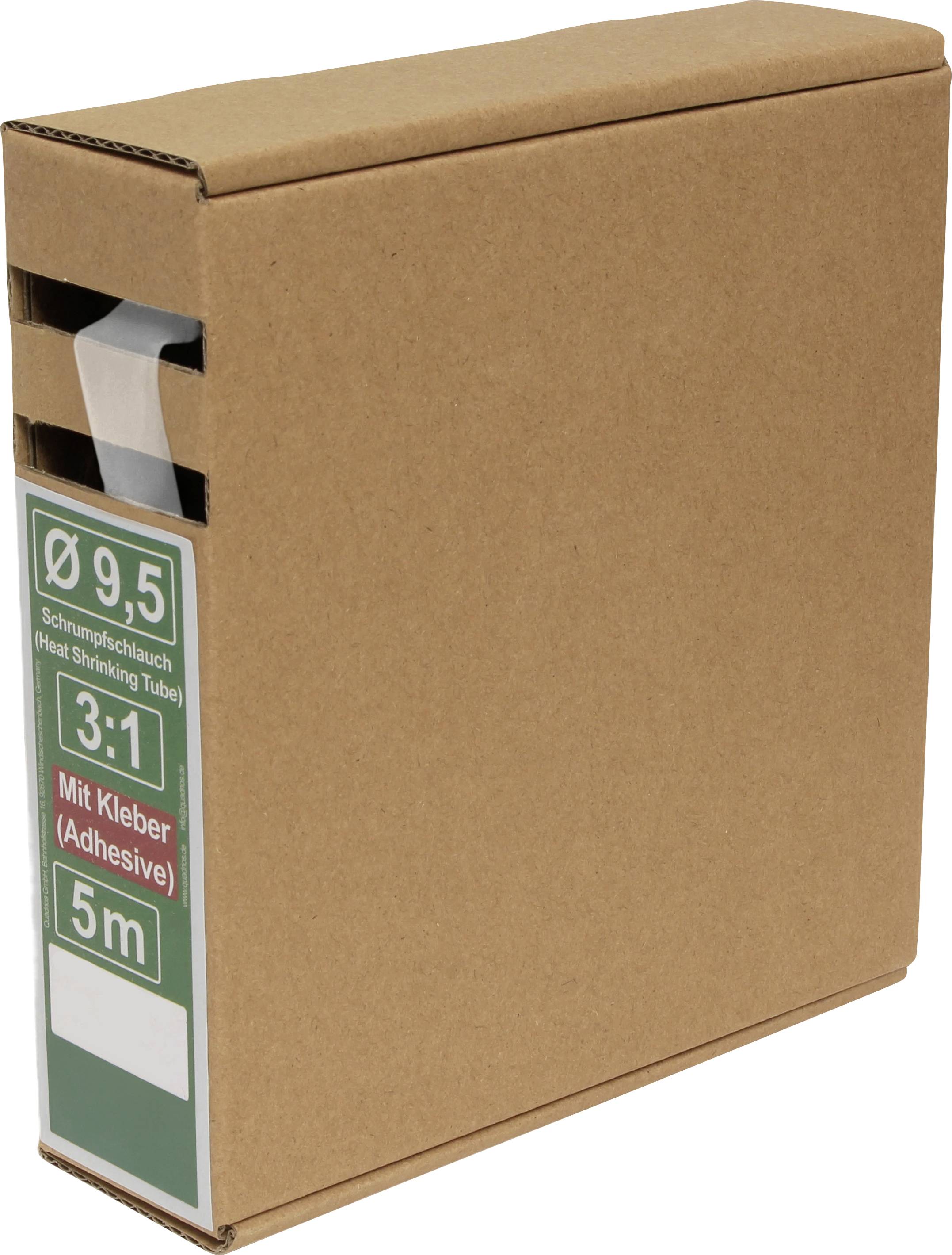 A cardboard box with a label displaying 'Ø 9.5 Schrumpfschlauch, 3:1, Mit Kleber, 5m'. Likely packaging for a heat-shrink tube product.
