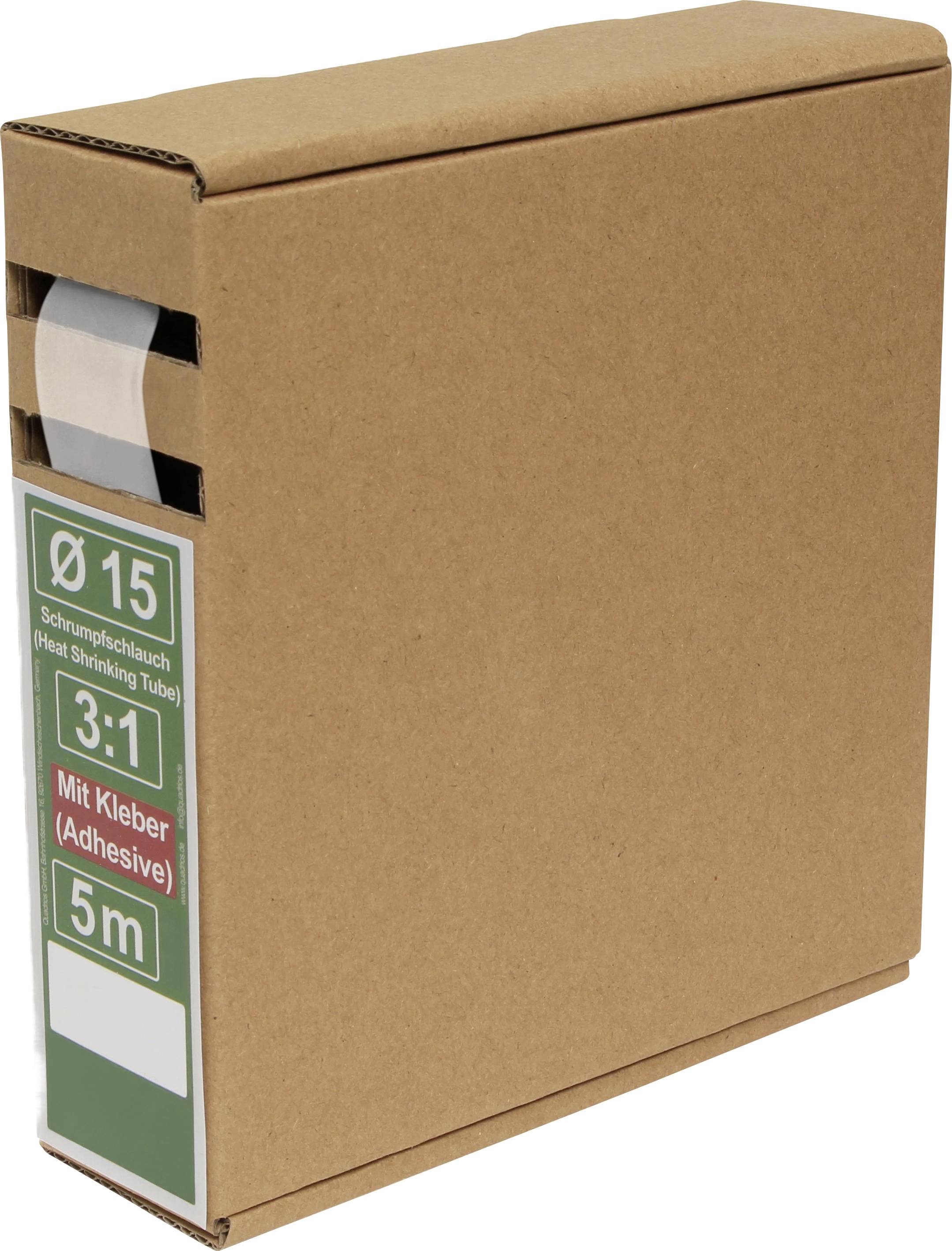 Cardboard box containing shrinkable tubing, labeled 'Ø 15 Shrumpfschlauch (Heat Shrinking Tube) 3:1 Mit Kleber (Adhesive) 5m'.