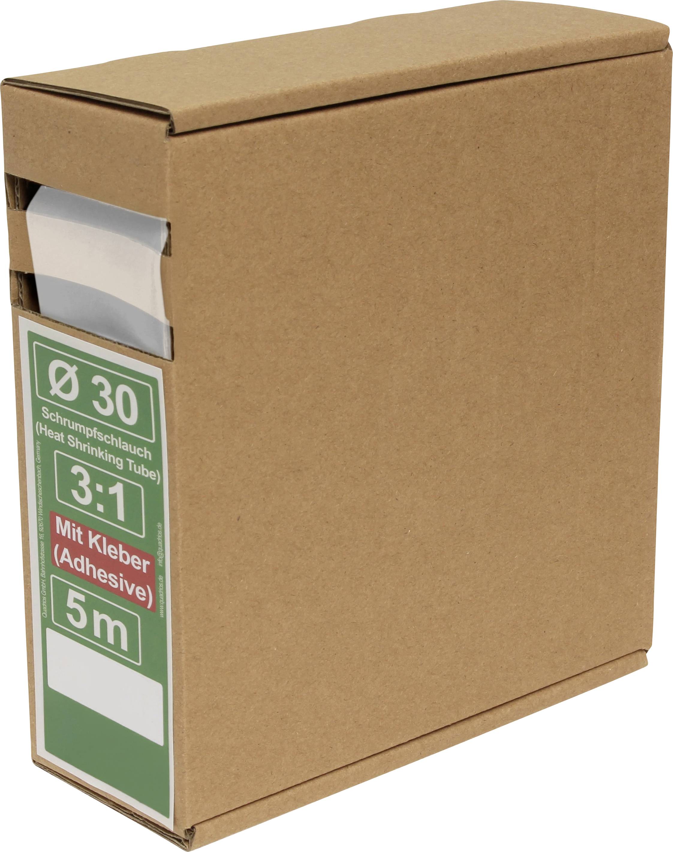 Brown cardboard box labeled 'Ø 30 Schrumpfschlauch (Heat Shrinking Tube) 3:1 Mit Kleber (Adhesive) 5m'.