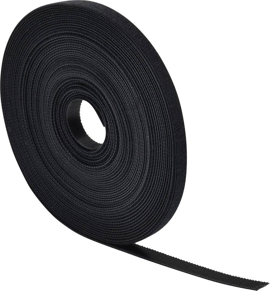 A roll of black hook and loop fastener tape unravels slightly, showing its rough textured side, used for adjustable, reusable bindings.