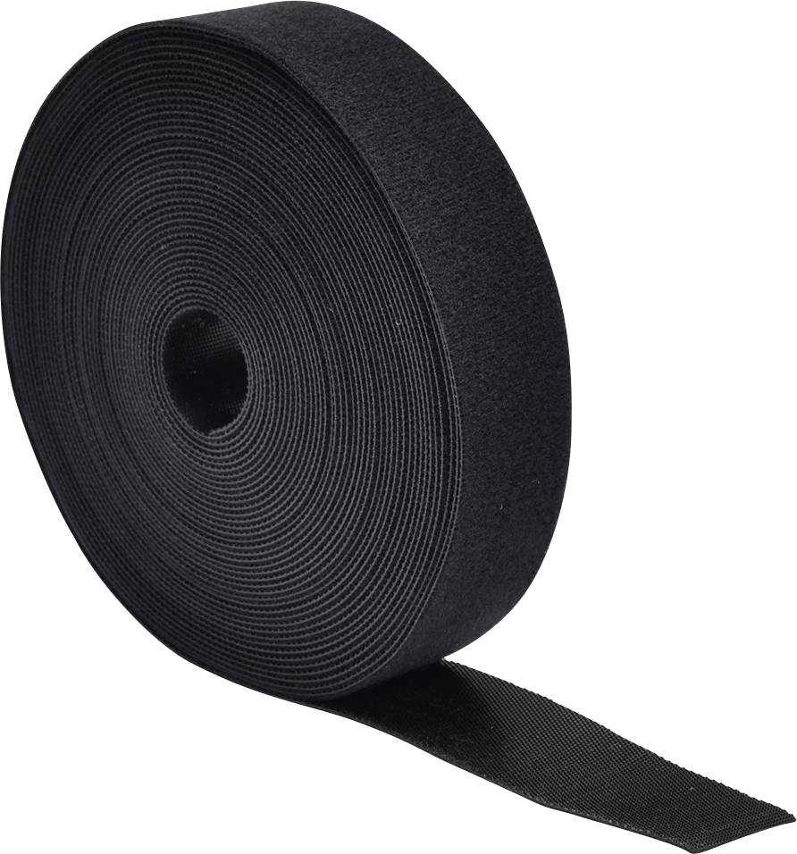 A large roll of black hook and loop tape with one end slightly unrolled, positioned upright, commonly used for fastening.