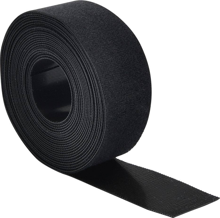 A roll of black hook-and-loop tape partially unrolled, showing the textured surface used for fastening materials together.