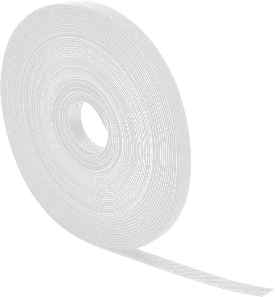 A roll of white hook and loop tape with a smooth texture. The tape is unrolled slightly, revealing its fastening surface.