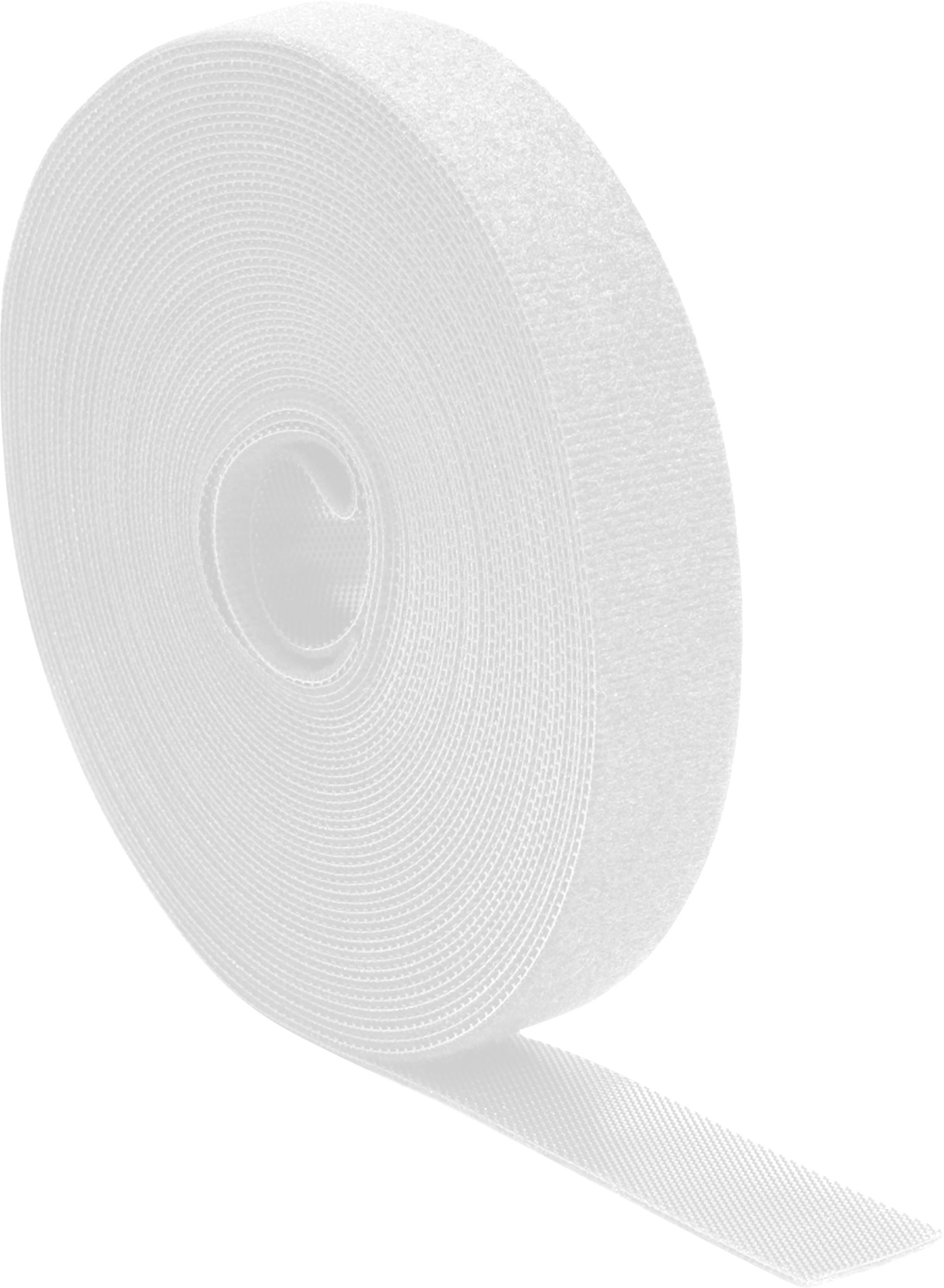 A roll of white hook and loop tape, partially unrolled, revealing its textured surface.