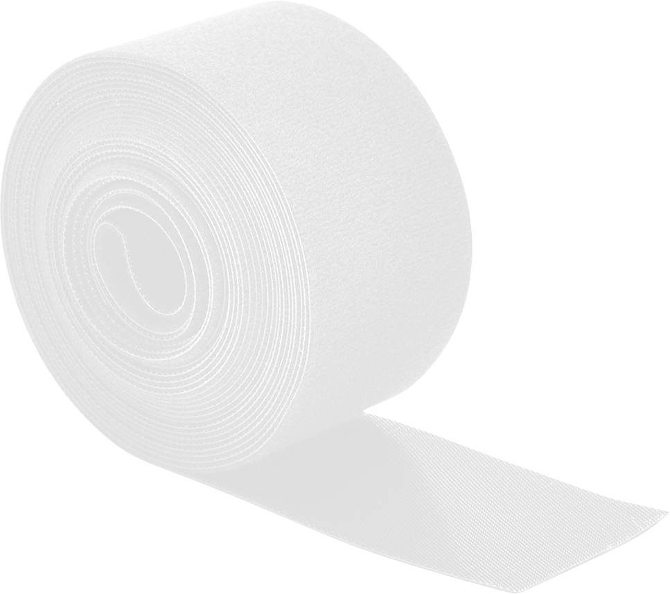 A white roll of flexible adhesive strip tape is partially unrolled on a flat surface, showcasing its tightly coiled layers.