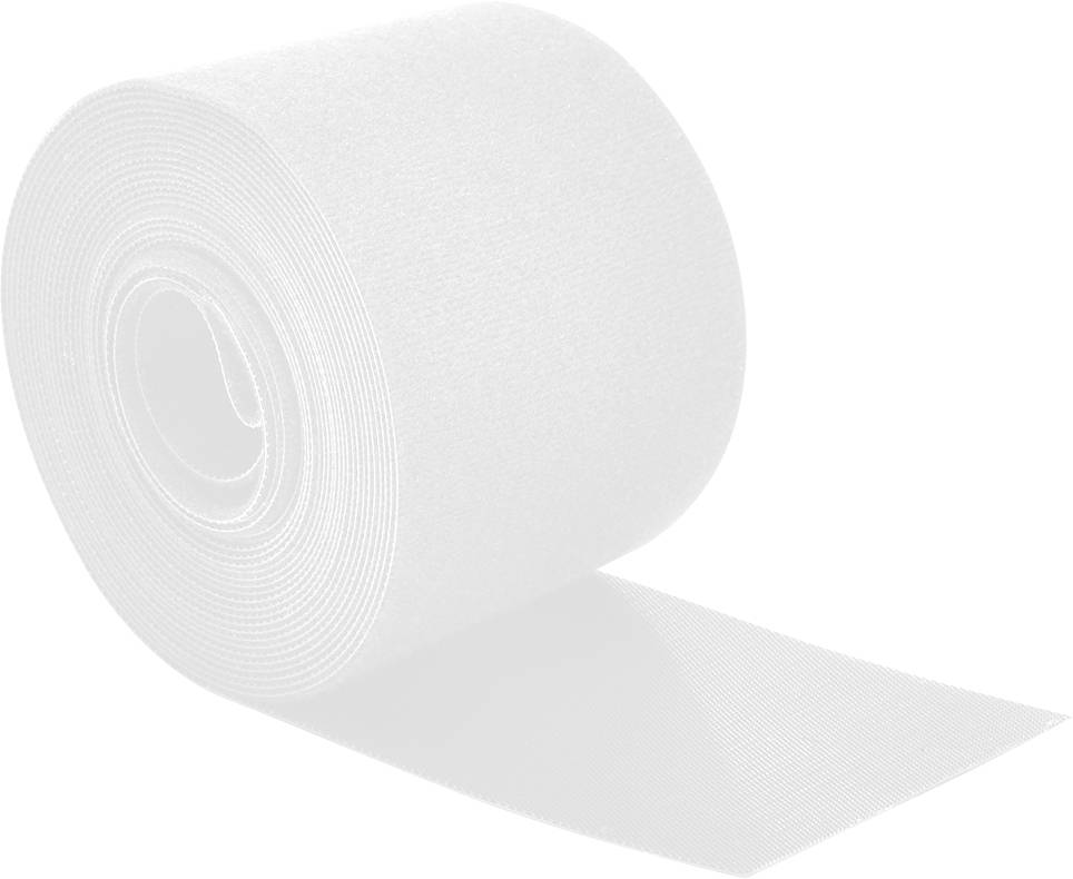 A roll of white adhesive bandage tape, partially unrolled, sits against a plain background.
