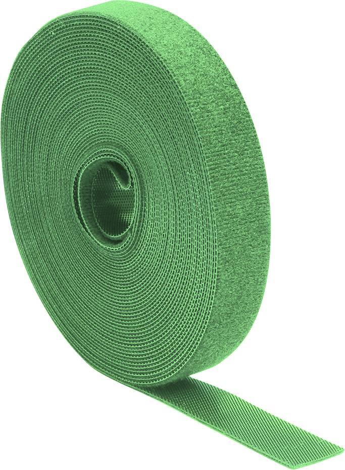 A roll of green hook-and-loop tape partially unwound, lying flat against a white background.