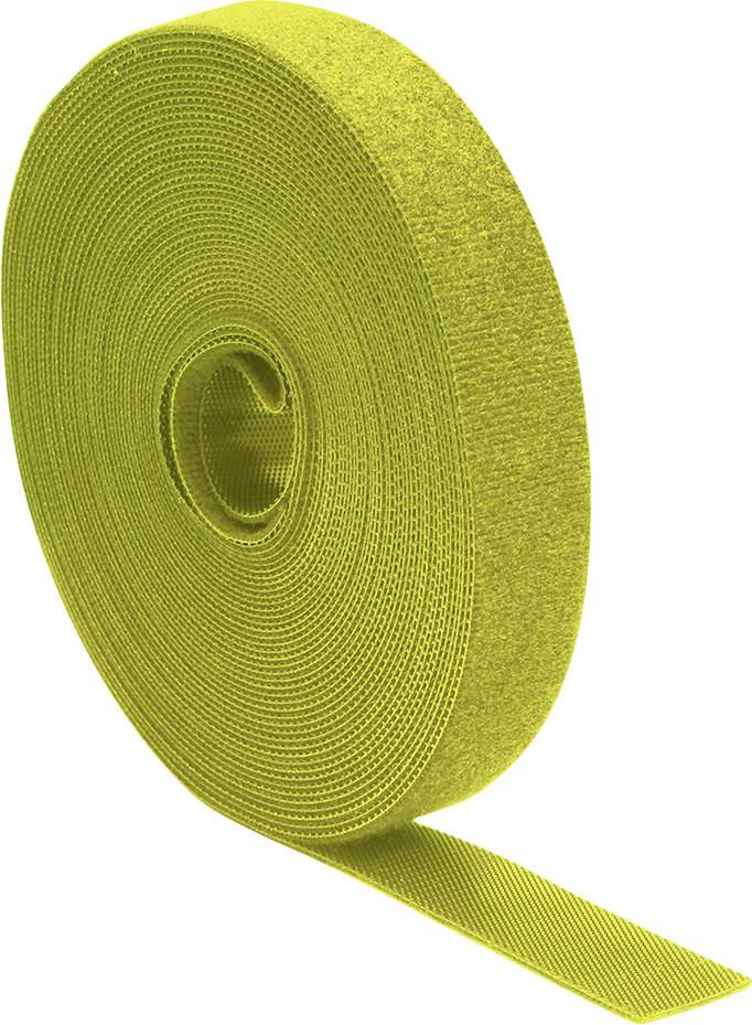 A roll of bright yellow hook-and-loop fastener tape, coiled and standing upright, with a loose end extending outward to the front.