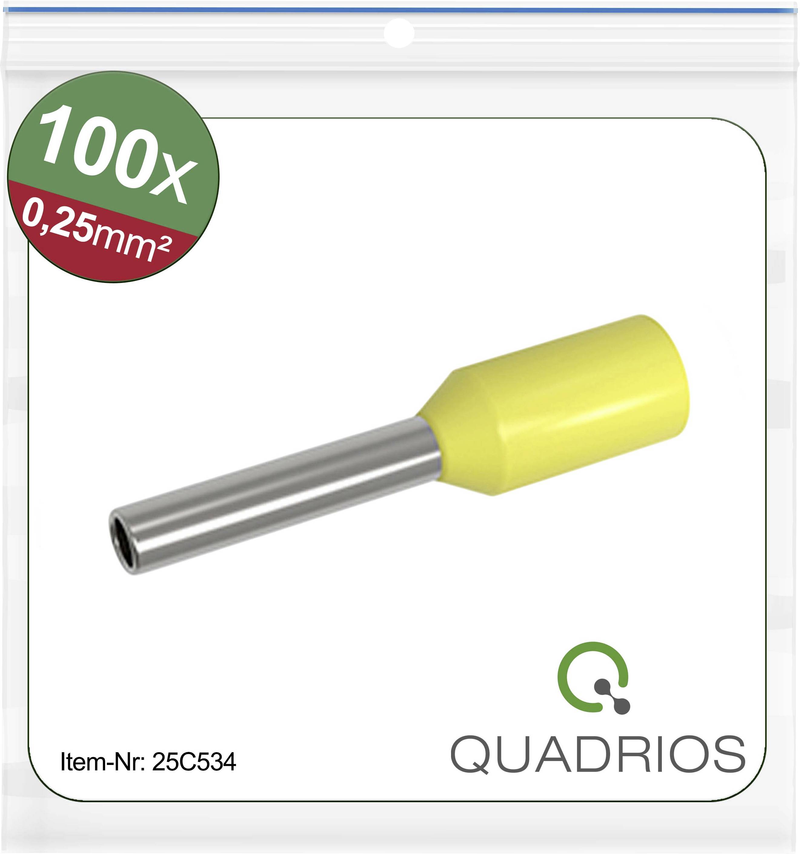 Packaging displays 100 pieces of yellow crimp connectors, 0.25mm². Item number: 25C534. Brand 'Quadrios' with logo.