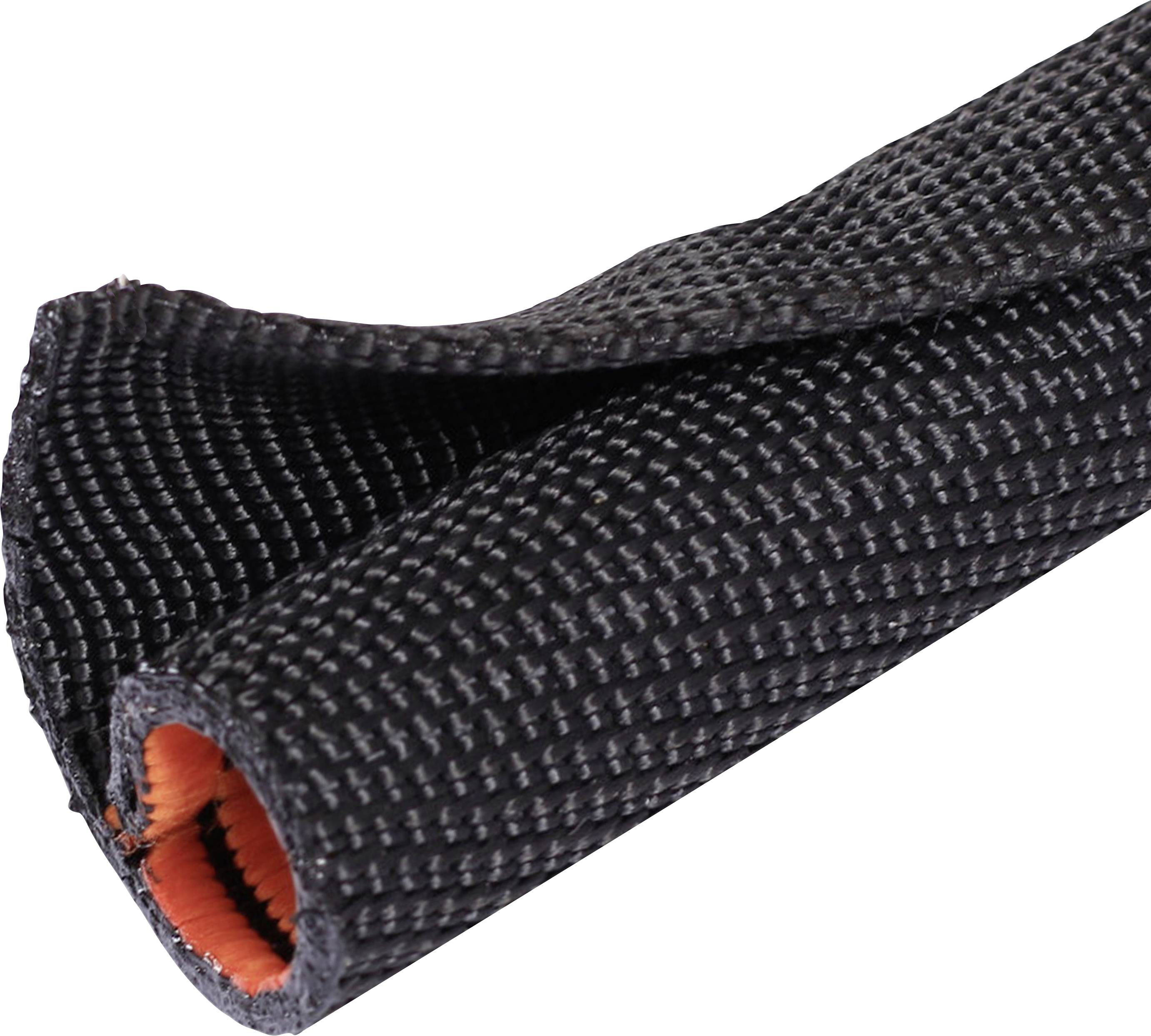 A coiled black fabric with a textured surface and a bright orange interior, resembling a protective sleeve or covering.