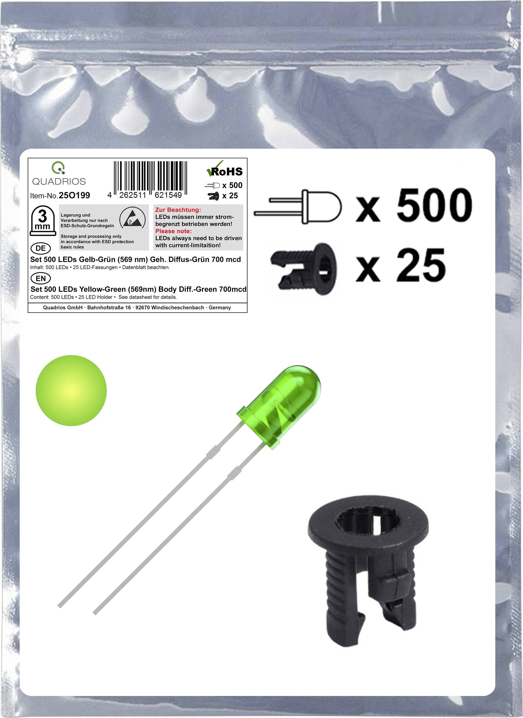 'Quadrios' electronic components pack containing 500 green LEDs and 25 black plastic holders, with product details and certification marks.