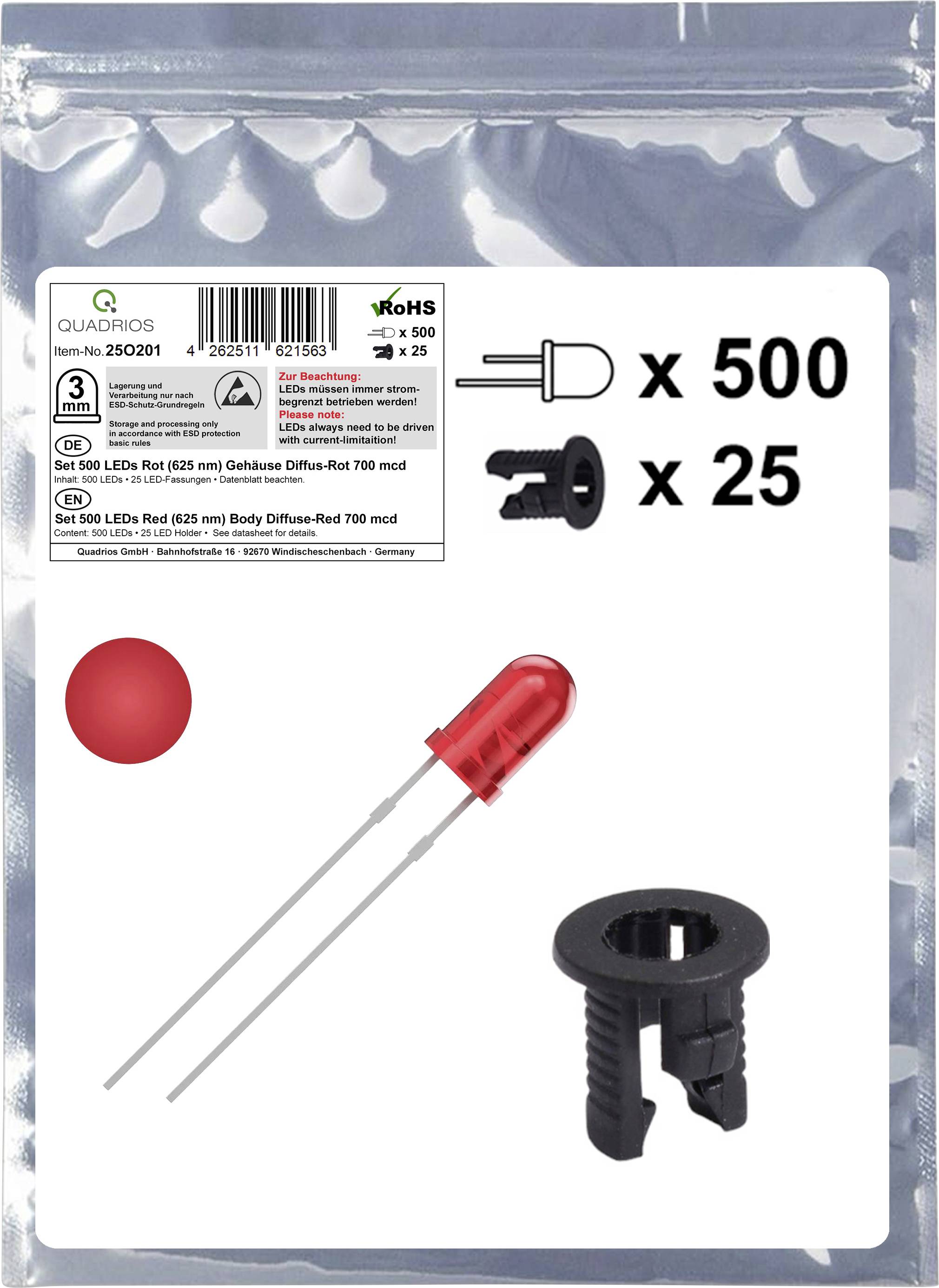 'Quadrios LED Set' packaging shows '500 Red LEDs (625 nm), 700 mcd' and '25 black LED holders'. RoHS compliant. Silver sealed bag.