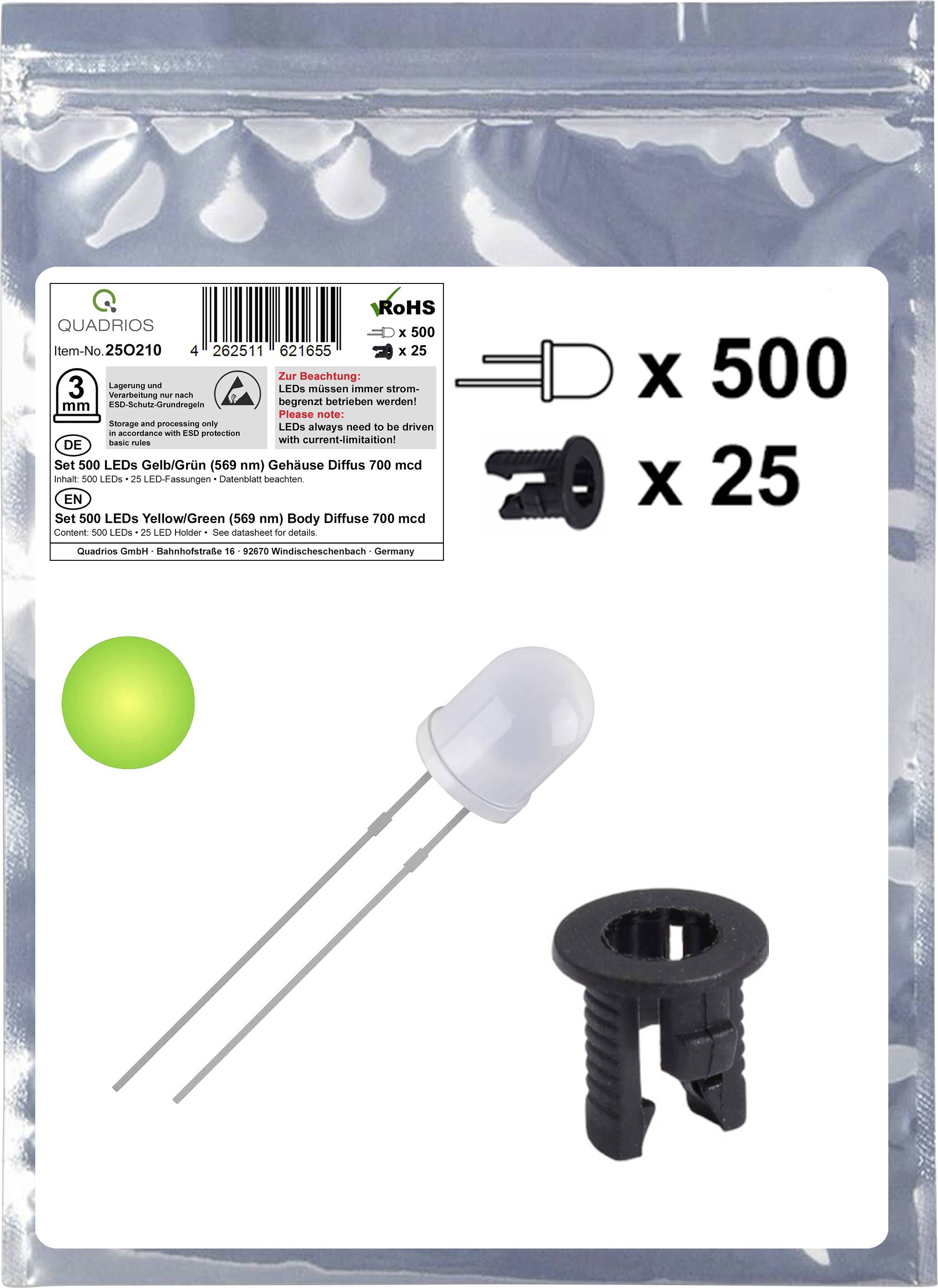 Product packaging showing: '500 diffused green LED, 25 plastic holder clips'. Includes images illustrating LED components and silver bag.