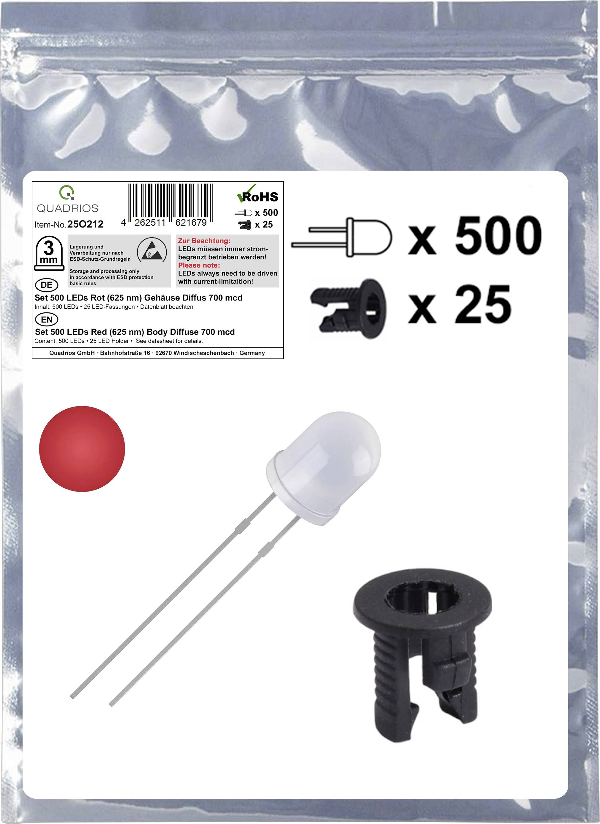 'Quadrios' branded packaging showing bag of 500 red LEDs with 25 holders. The LED and holder are shown in enlarged detail on the bag.