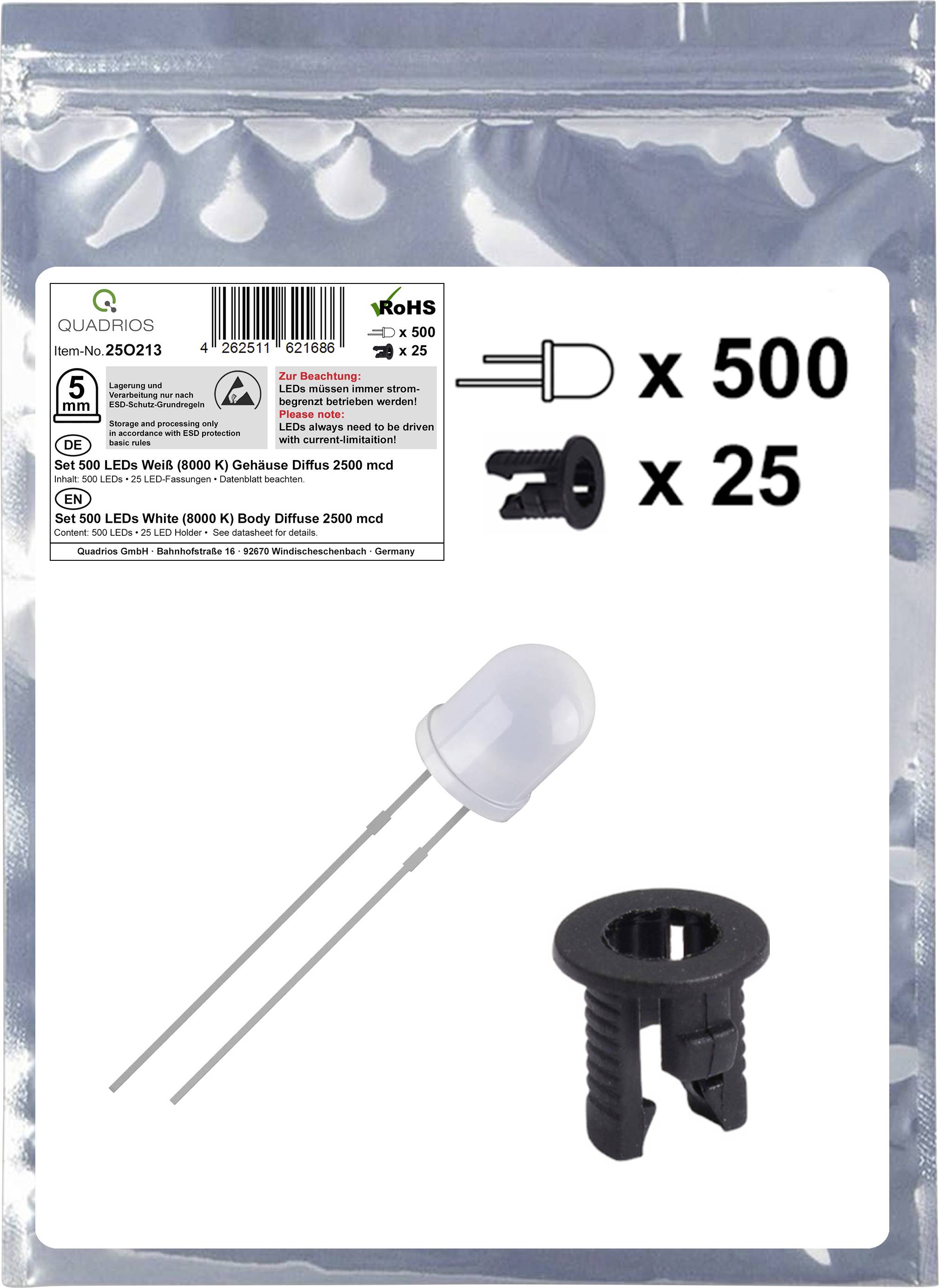 A package containing 500 white LEDs labeled '8000 K 2500 mcd', each with a holder. RoHS compliant, 25 holders included.