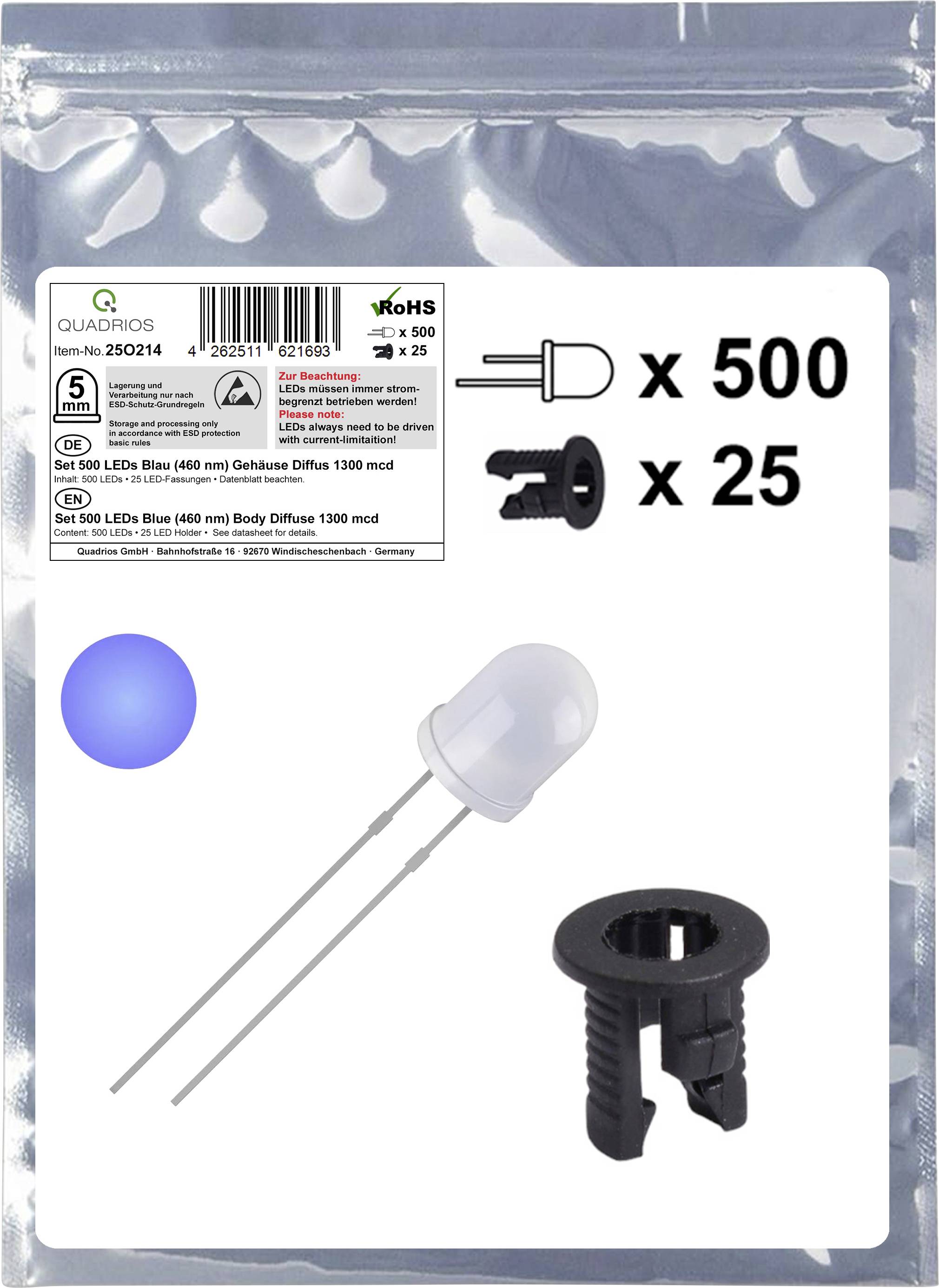 Quadrios LED set, includes 500 blue LEDs and 25 plastic holders, suitable for electronic projects.