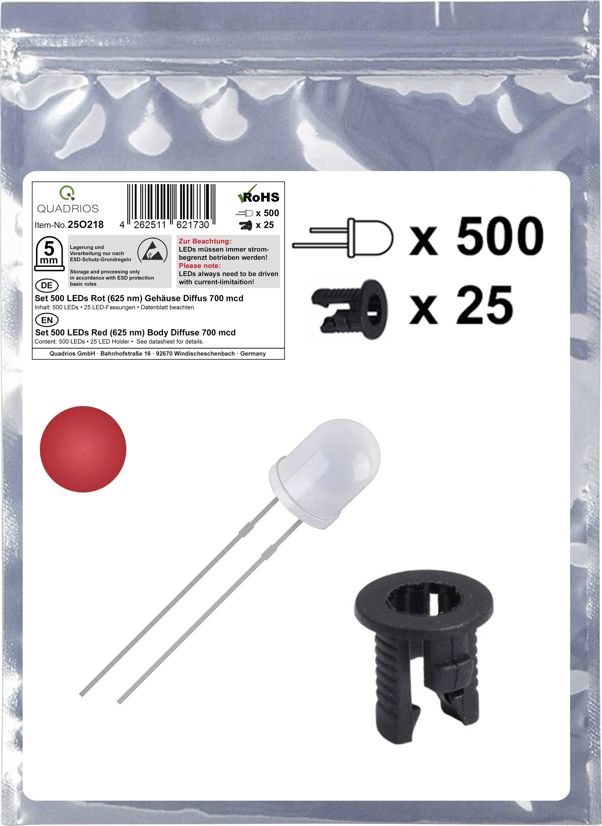 Set contains 500 red LEDs and 25 panel holders, with specifications detailed on packaging. LED shown with diffuse lens and two long leads.