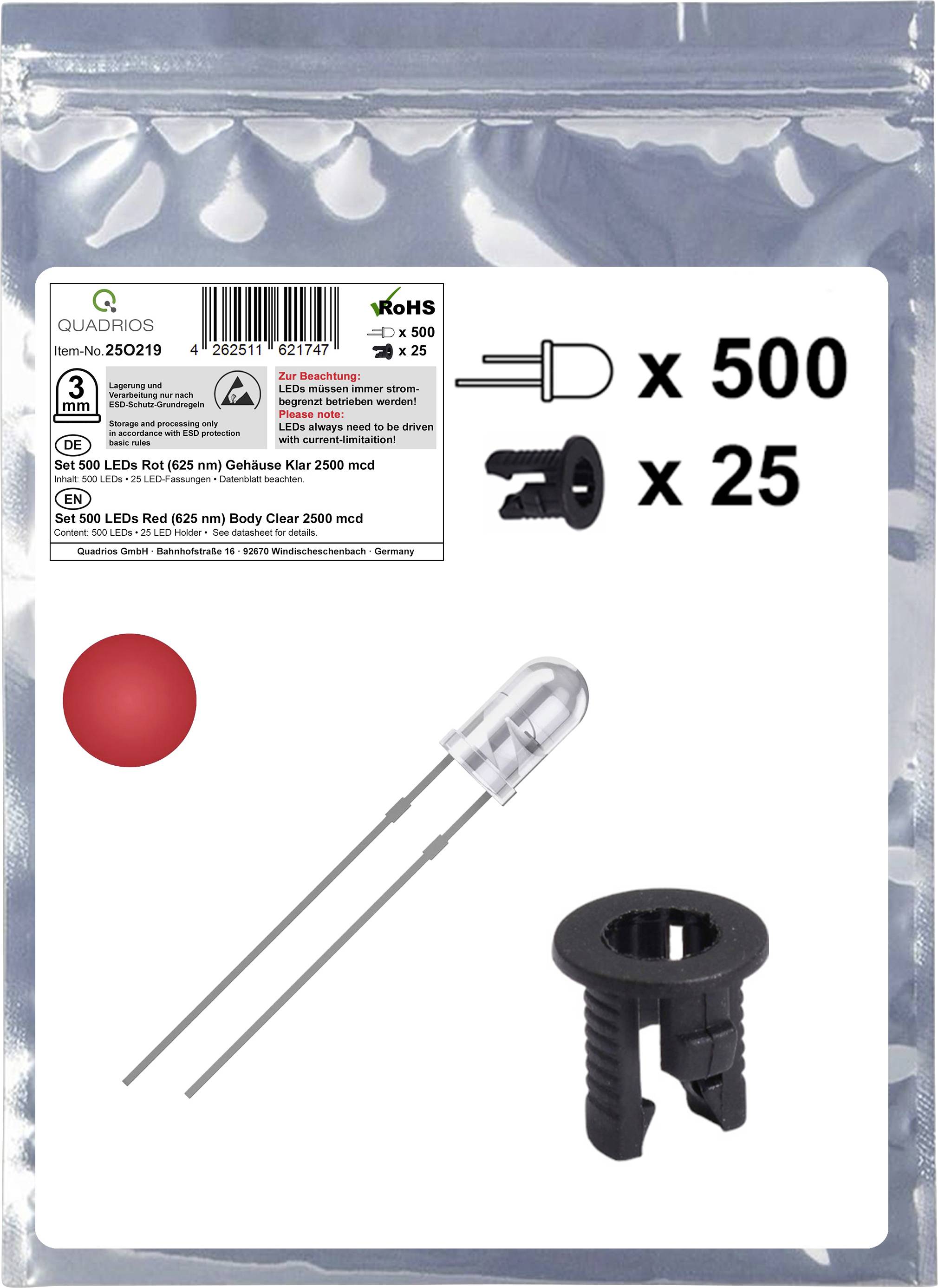 Package of LED components, including 500 red LEDs and 25 black mounts, with a featured red LED and a black mount in the foreground.