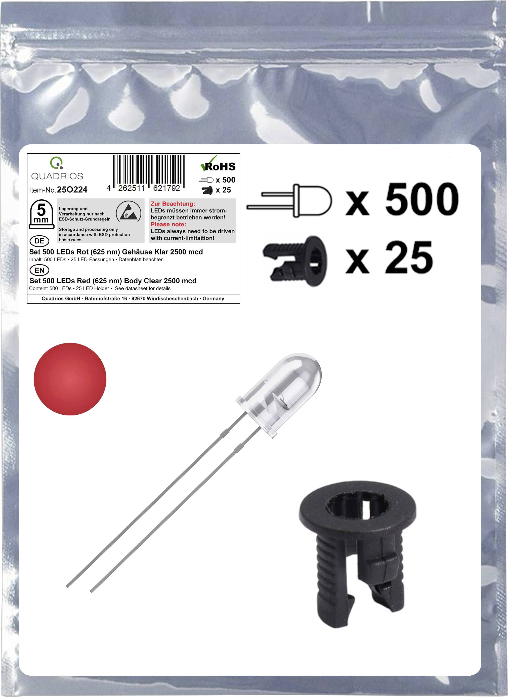 Package labeled 'Set 500 LEDs Red' containing 500 red LEDs and 25 mounting parts, with images of an LED and a mount.