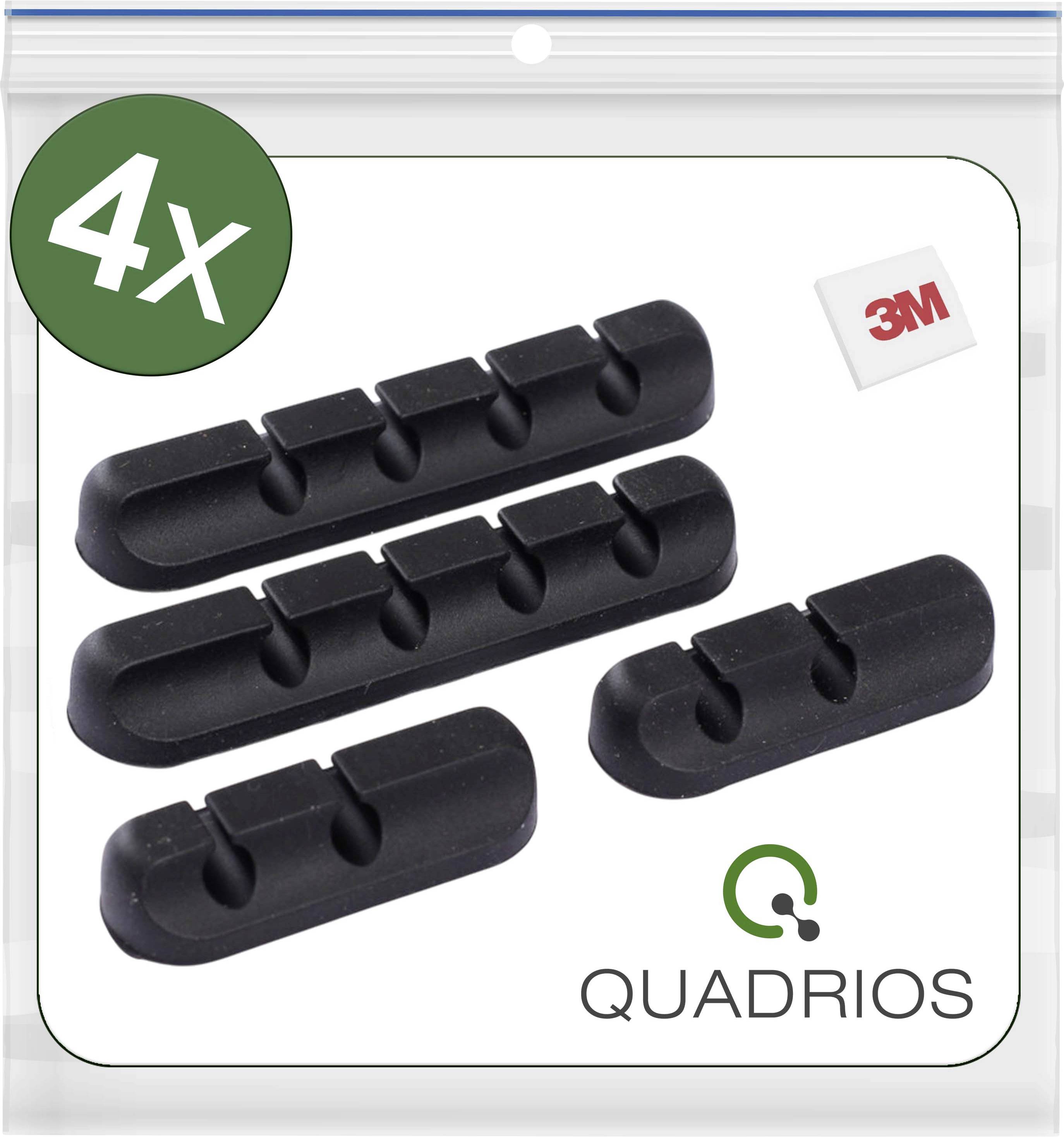 '4x QUADRIOS cable holders' packaging showing four black cable holders with adhesive backs, featuring the 3M logo in the corner.