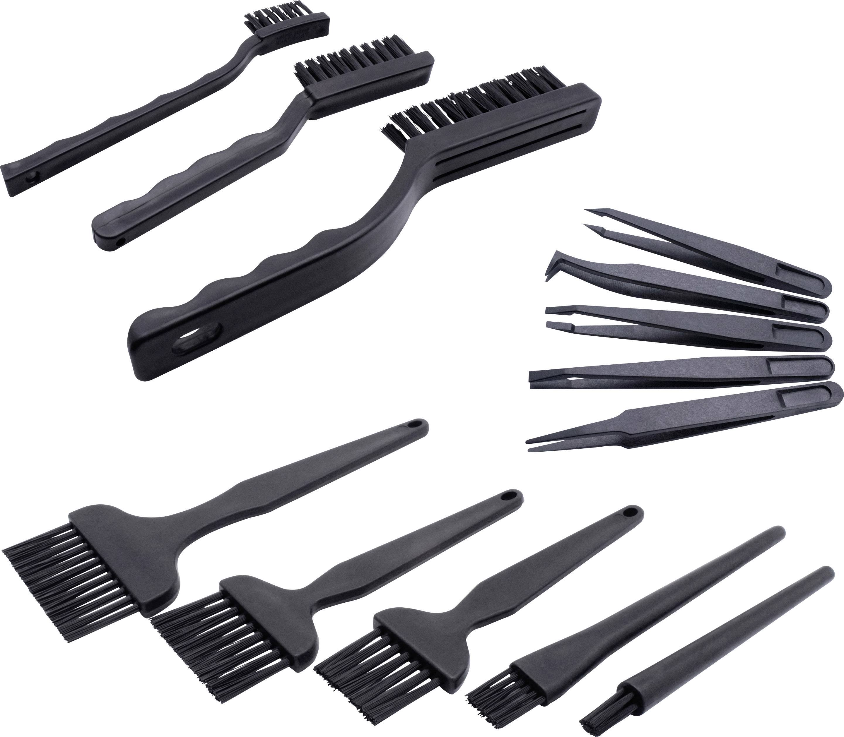 A set of black cleaning brushes and tweezers of varying sizes, used for detailed work and maintenance.