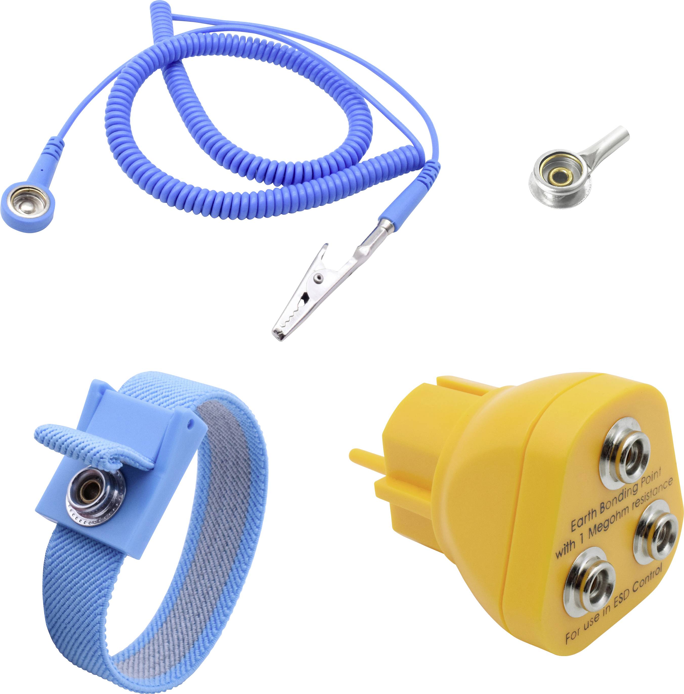 Anti-static components: blue wrist strap with metal socket and coiled cord, green plug adapter, silver connector, grounding clip.