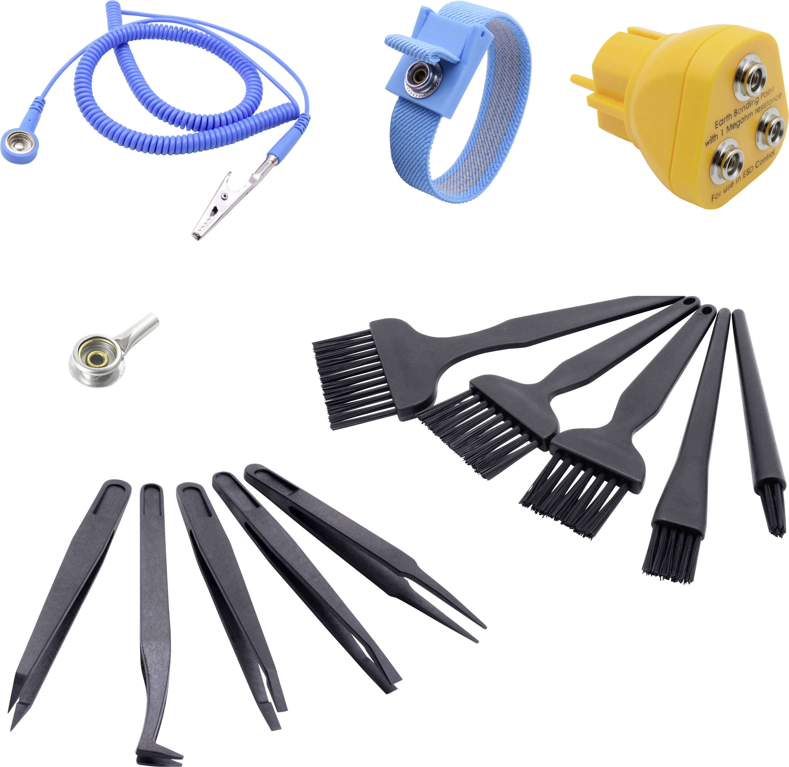 An electronics repair kit featuring anti-static wrist straps, grounding plugs, precision tweezers, cleaning brushes, and clips.