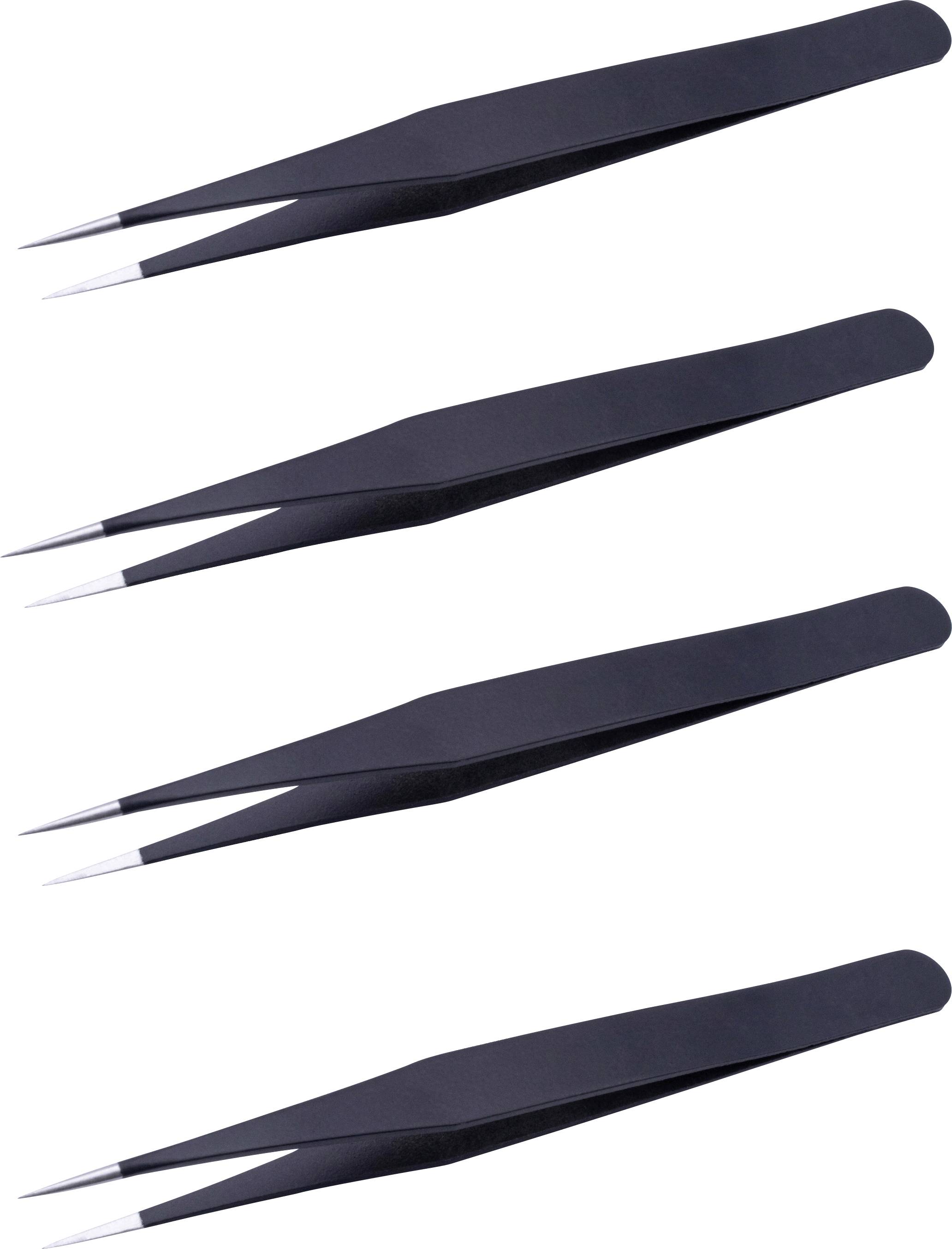 Four identical black precision tweezers, arranged diagonally, each with pointed silver tips.