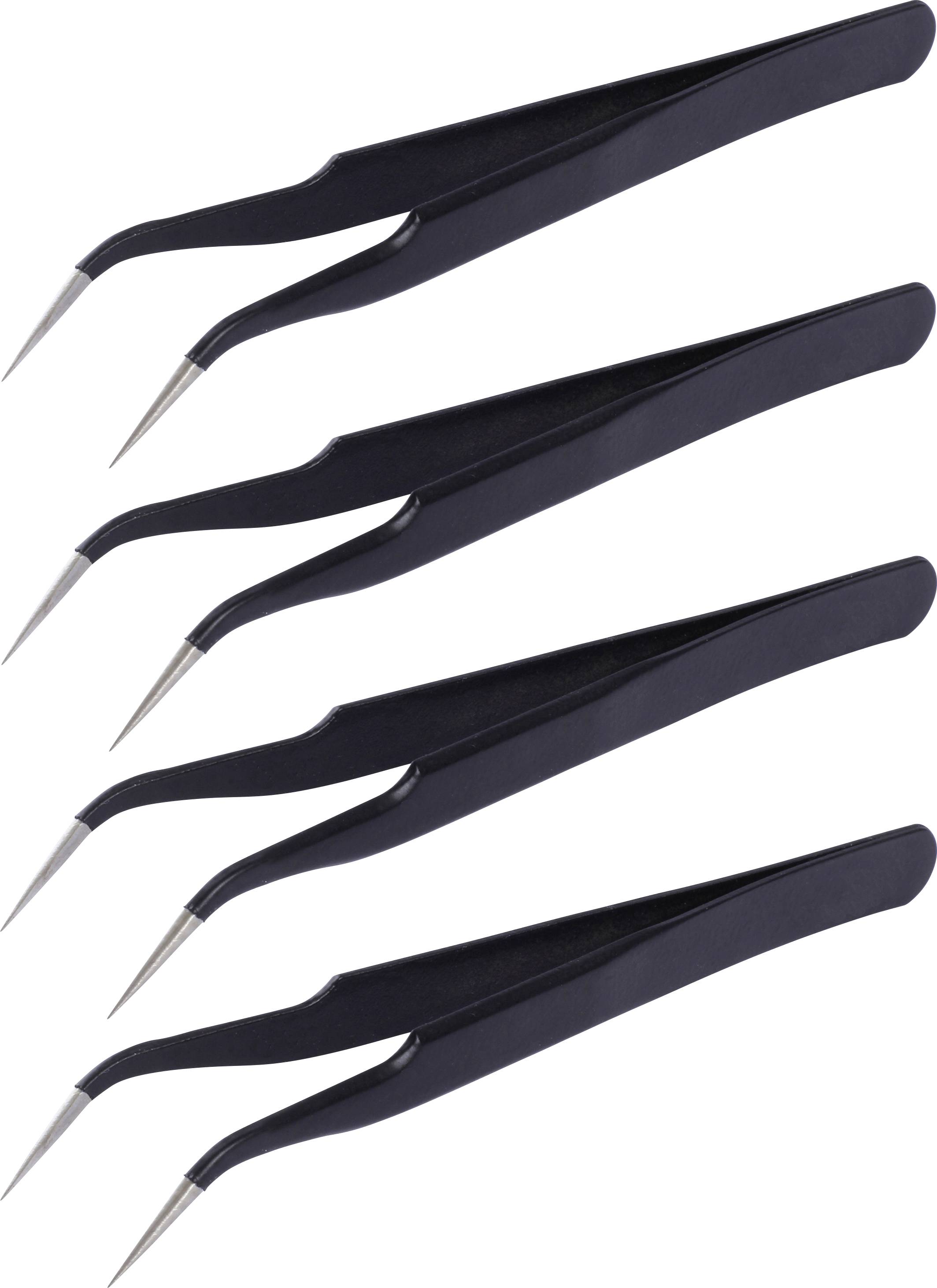 Four identical black tweezers with curved tips, aligned in parallel, seen against a plain white background.