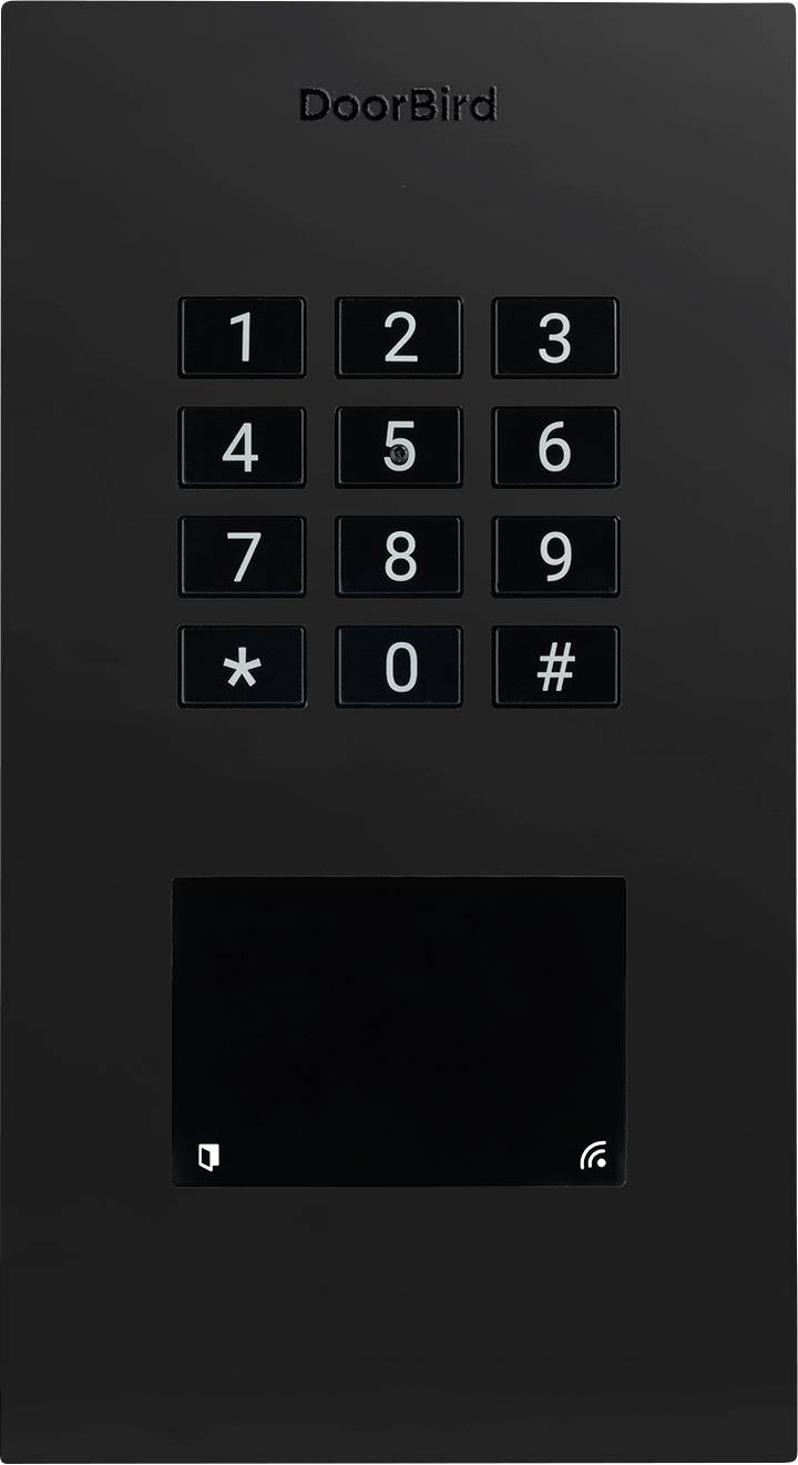 A black keypad with numbers and symbols, featuring a small screen below. The top reads 'DoorBird.'