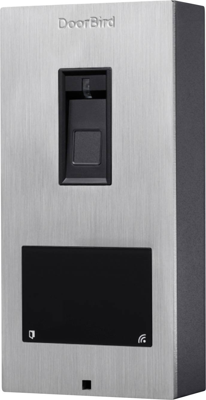 'A metallic doorbell device with a camera and button, branded with 'DoorBird'.'