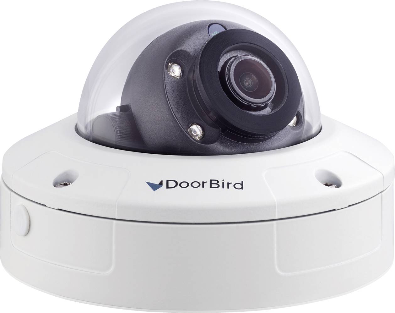 A dome-shaped security camera with a clear cover features prominently. The brand 'DoorBird' is visible on the camera's base.