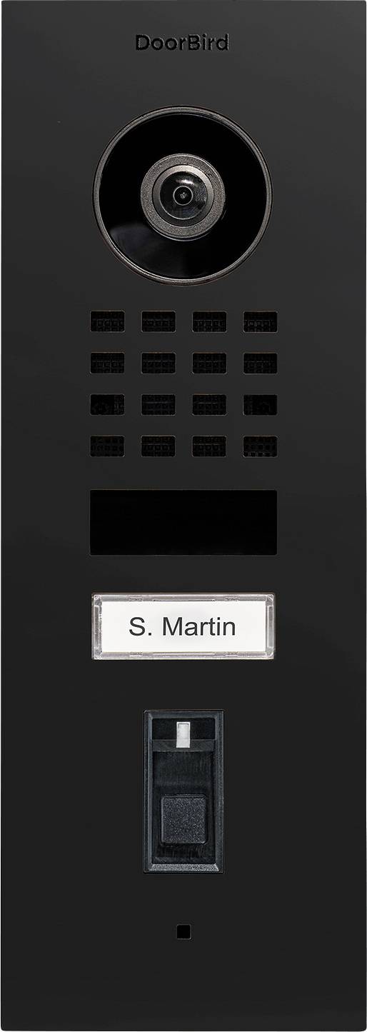 'DoorBird' intercom with camera, speaker grille, button labeled 'S. Martin', and fingerprint scanner below.